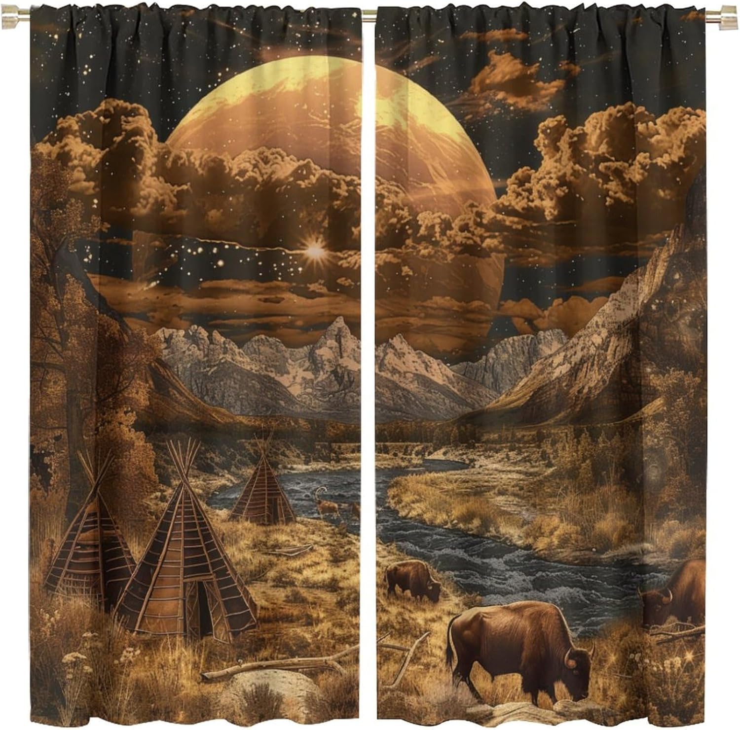 Abstract Retro Western Theme Rod Pocket Curtains - Rustic Ethnic Wild West Tribal Tent Yak Natural Landscape Modern Room Darkening Thermal Window Blackout Curtains 2 Panels 45" L x 21" W