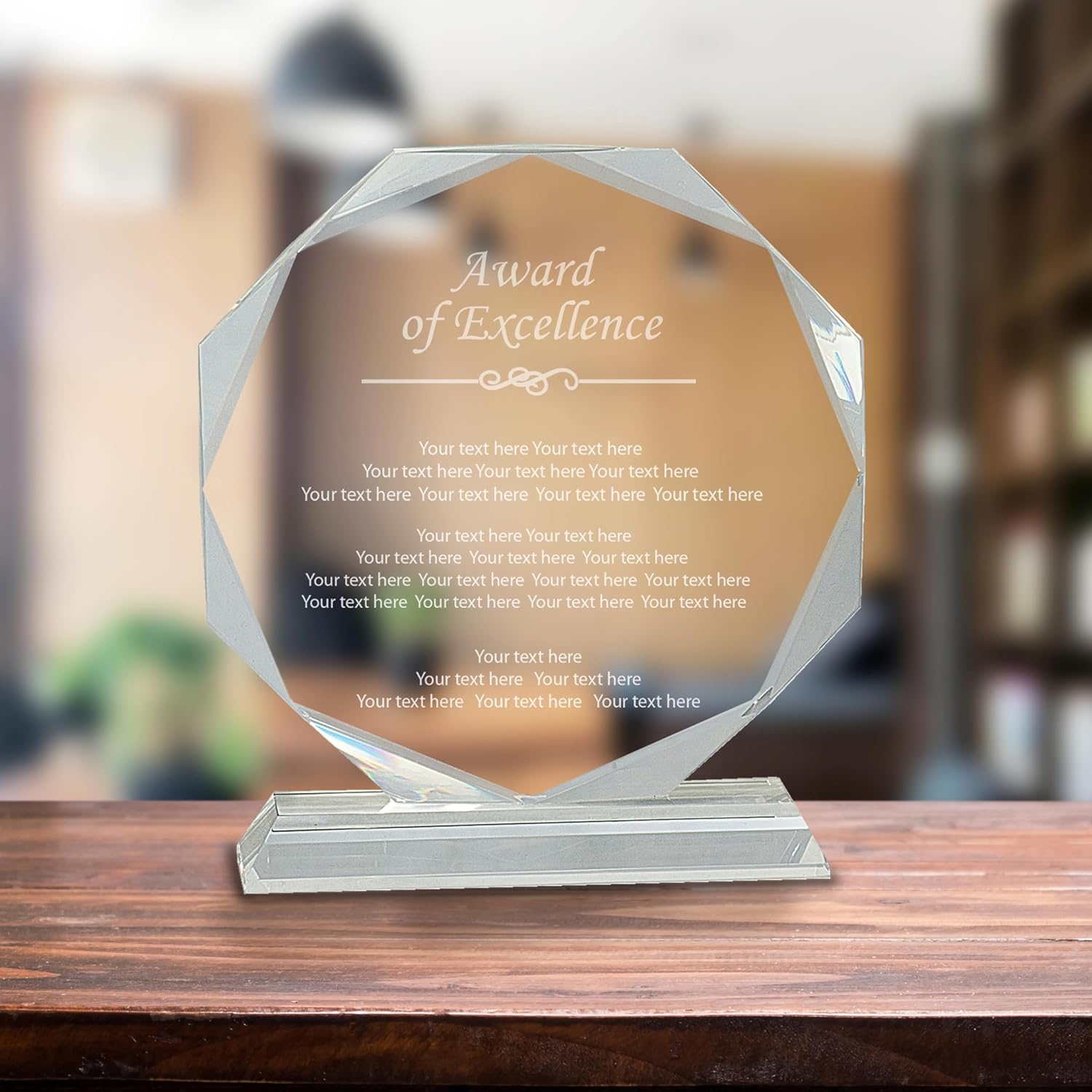 7 1/4" Clear Crystal Octagon Award of Excellence Award, Custom Engraved Glass Award Plaque for Employees, Appreciation, Recognition