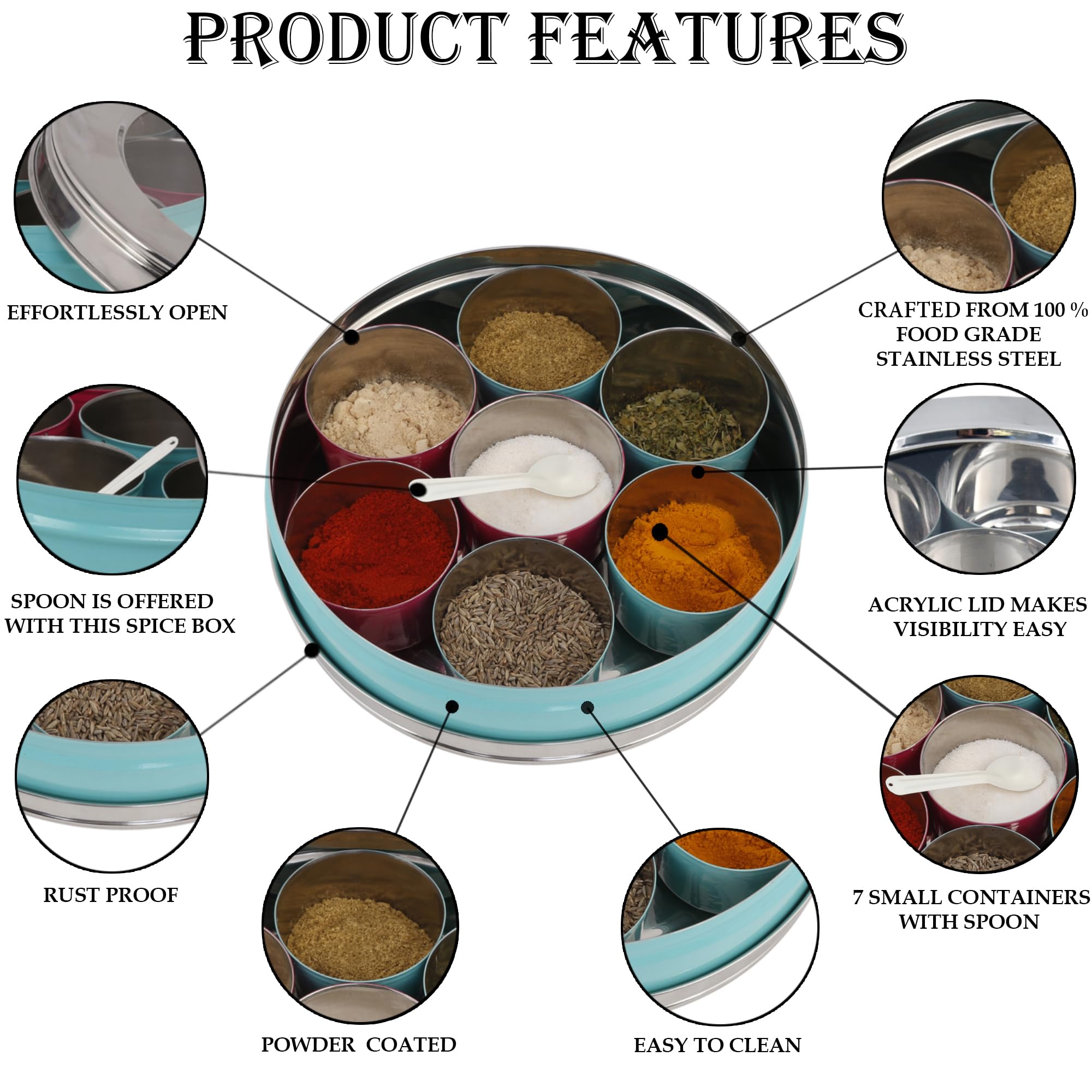 Elan Stainless Steel Masala Box | Spice Storage Container | Masala Dani With 7 Containers and Small Spoon | Masala Dabba For Kitchen See Through Lid | Kitchen Spice Organiser (Aqua) 1
