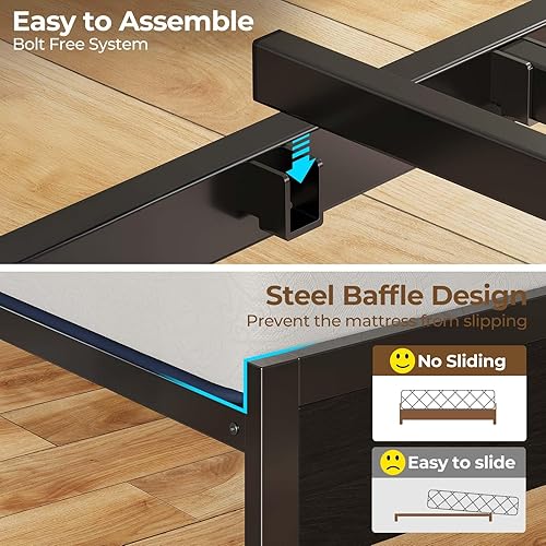 Miniatura 6 de Rolanstar Base de cama tamaño King con estación de carga y luces LED, cabecera de piel sintética con estantes de almacenamiento, listones de metal