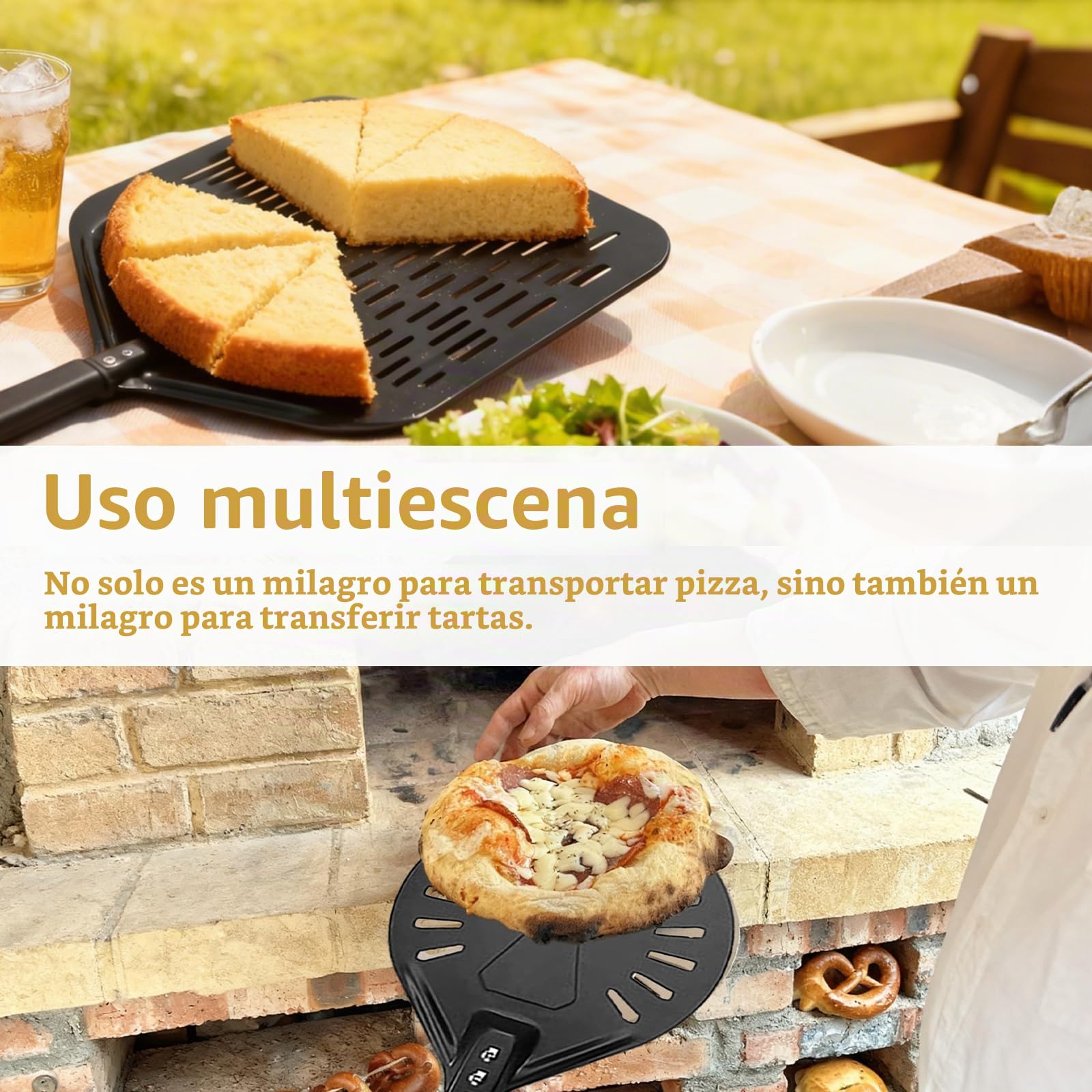 Juego de Palas para Pizza, 30 cm Redonda (Mango 80 cm) + 20 cm Cuadrada (Mango 40 cm), con Agujero para Almacenaje, Aluminio, Mango Antideslizante, Ideal para Pizza y Pan en Casa