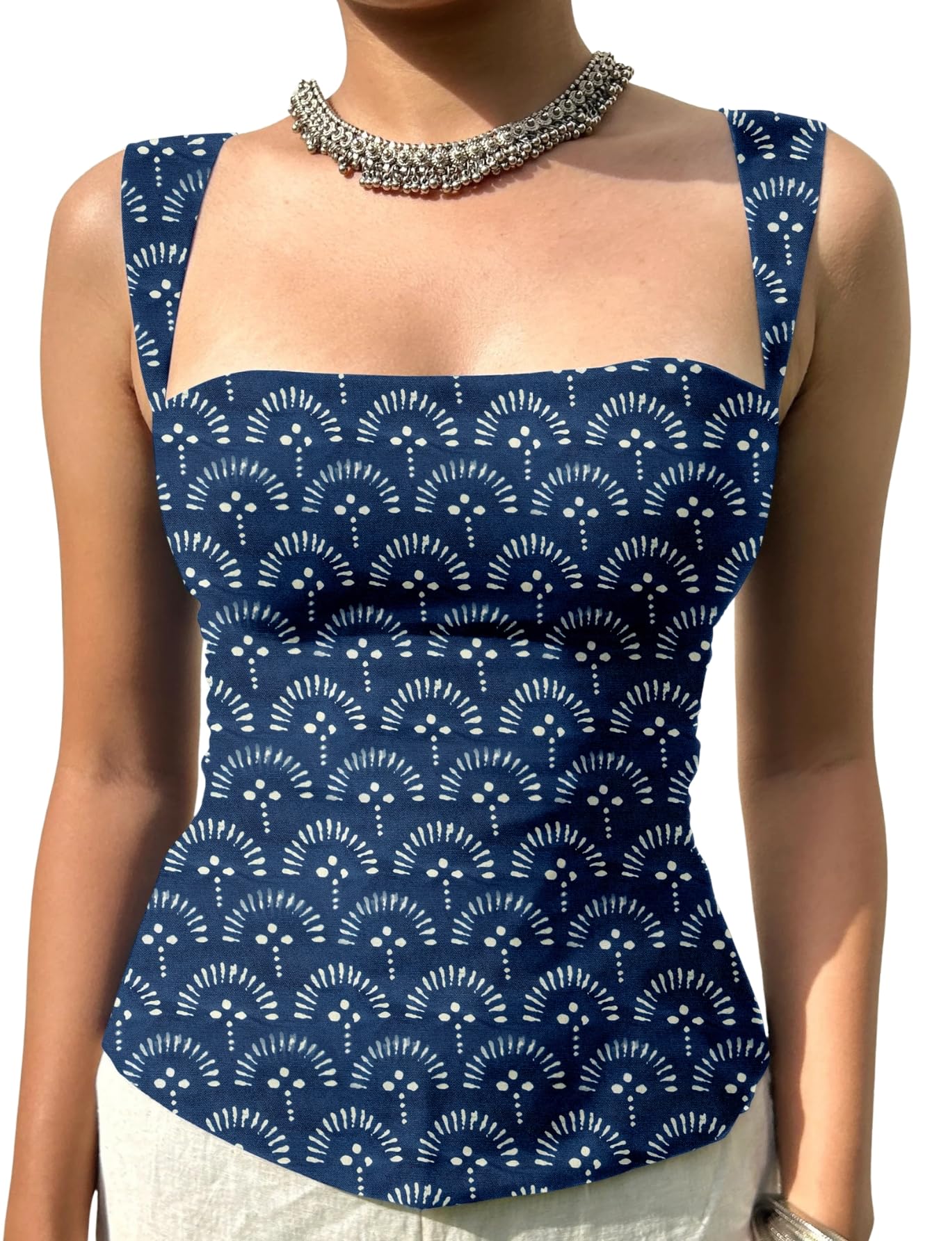 Aahwan Blue Printed Square Neck Sleeveless Backless Short Indo-Western Ethnic Kurti Top for Women's & Girl's (357-Blue-M)