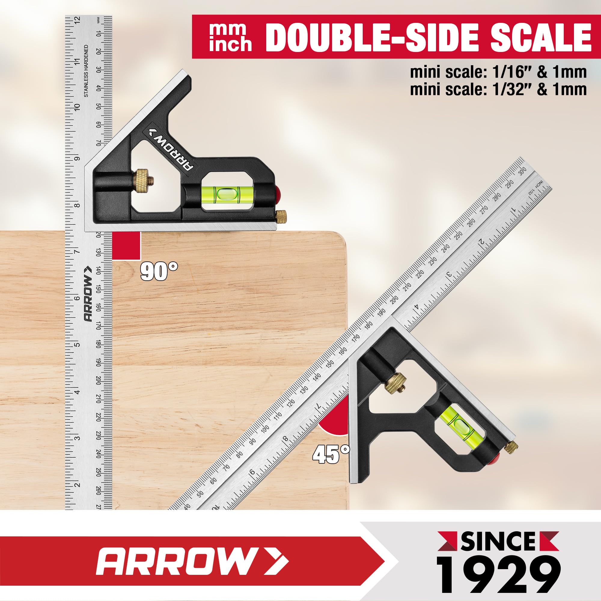 Arrow Combination Square, 12-Inch Combo Square with Stainless Steel Ruler, Zinc Alloy Body and Bubble Level for Carpenters and Craftsmen