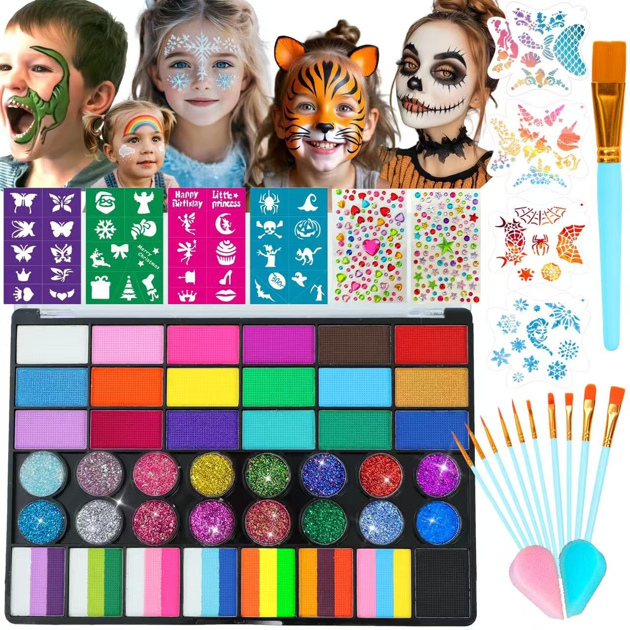 Face Painting Kit for Kids, 42 Colors Professional Face Paint Makeup Kit Non-Toxic Water Activated Facepaint Pallette with Brushes, Stencils, Sponge, Gems, for Party Cosplay Halloween (42 Colors)