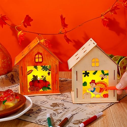 Miniatura 5 de Soaoo 9 juegos de casas de madera de Acción de Gracias para manualidades con 12 bolígrafos de acuarela y 9 piezas de velas de té a batería, kits de