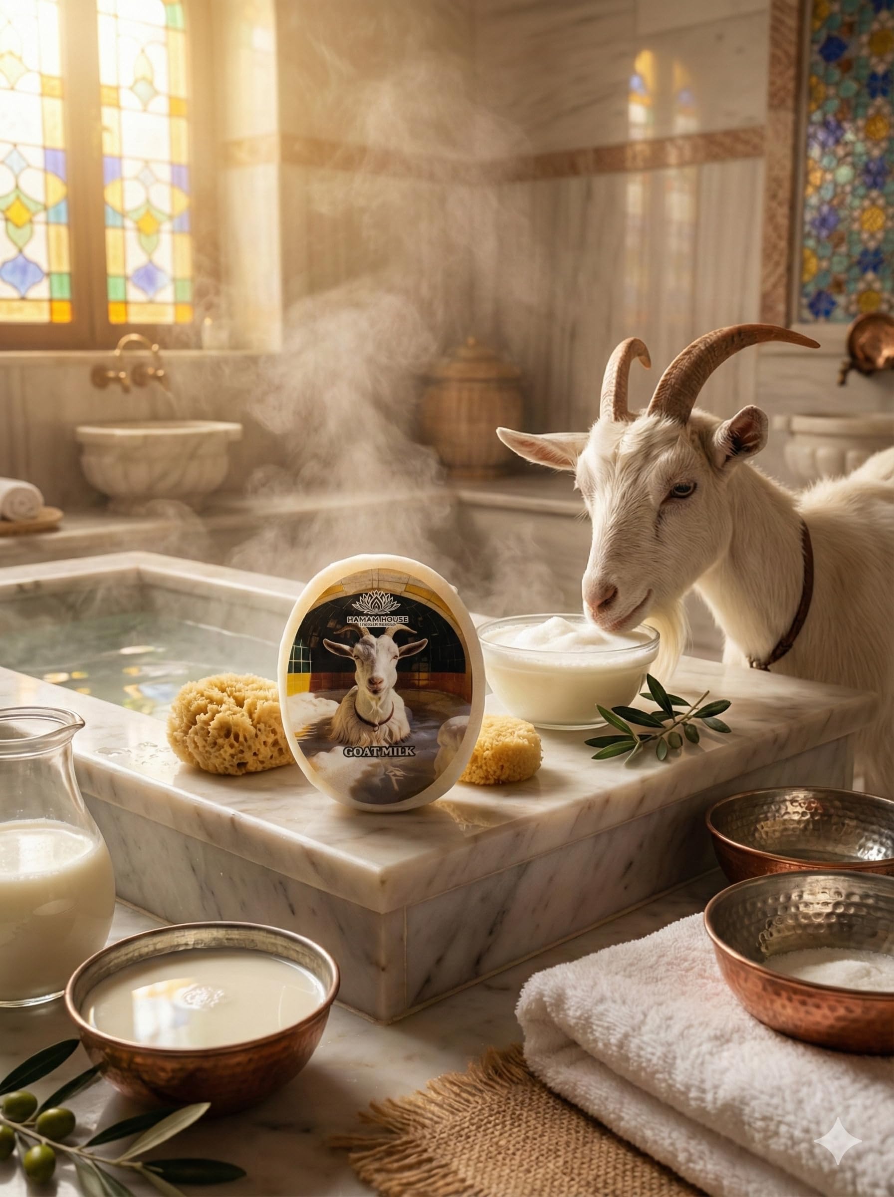 Hamam House Keçi Sütlü Doğal Süngerli Sabun, Cilt Bakımı ve Derinlemesine Temizlik İçin, Çevre Dostu, Türkiye Menşeili