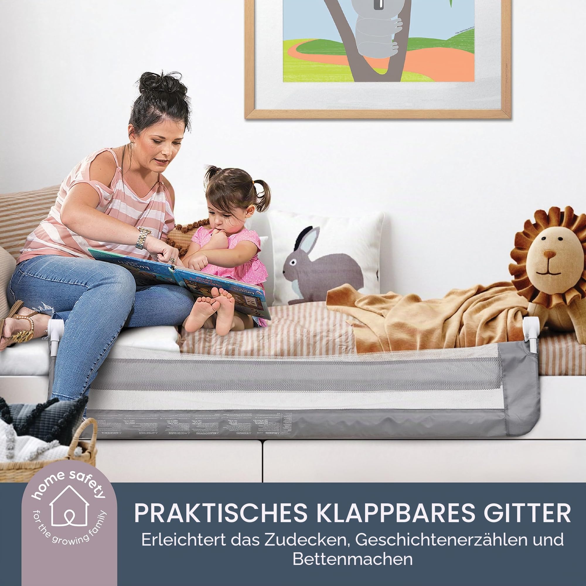 Dreambaby Nicole Bettschutzgitter für Kleinkinder – Extra Breit 150 cm & 50 cm Hoch – Einfache Montage, Waschbarer Bezug, Sicherer Übergang vom Kinderbett ins Bett – Passend für Kingsize-Betten – Grau
