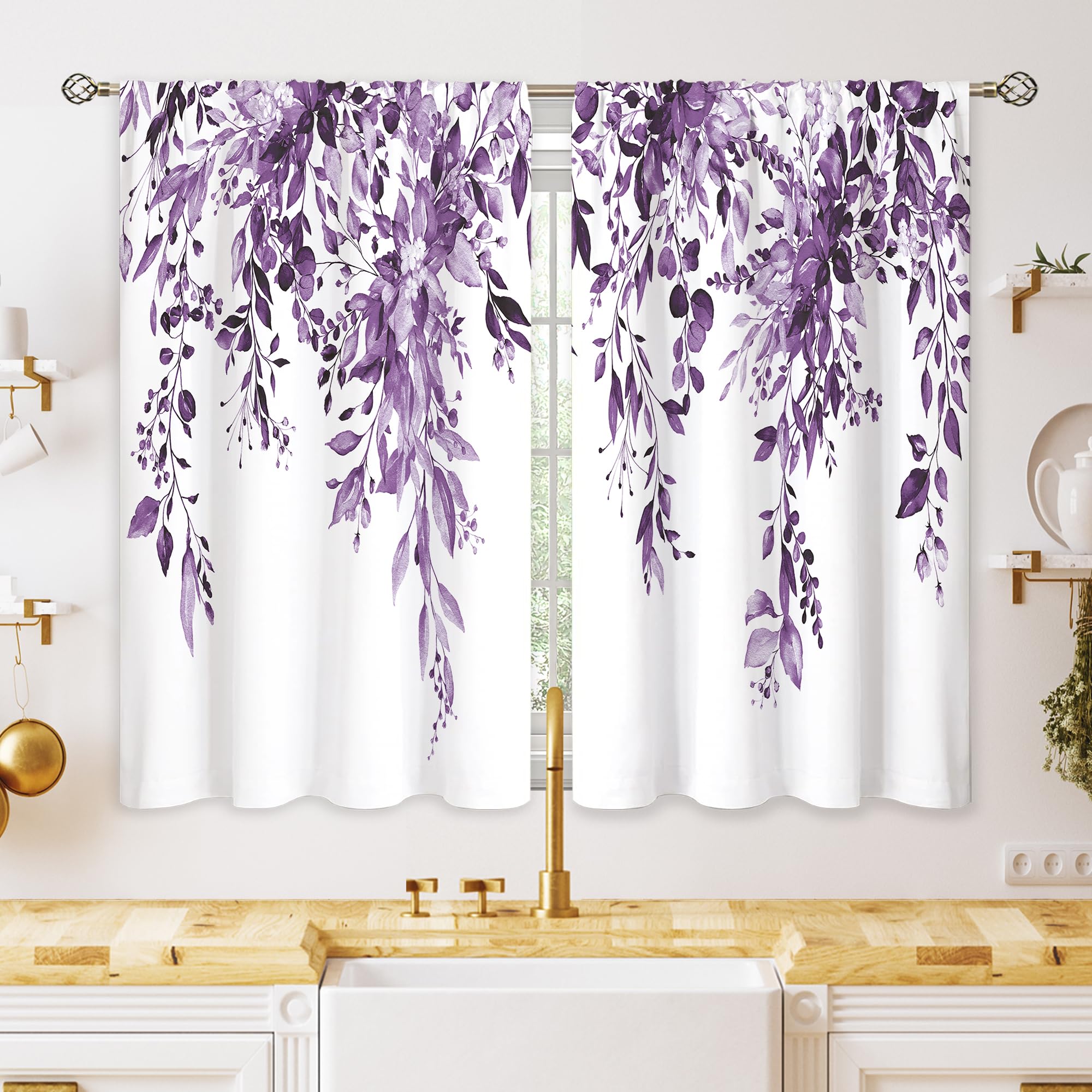 oolygoo Eucalyptus Botanical Leaves Purple Floral Kitchen Window Curtains Over Sink Farmhouse Flower Leaf Small Window Treatment Cafe Short Curtains for Bathroom Treatment Tier Drapes 26x36 inch — image 1