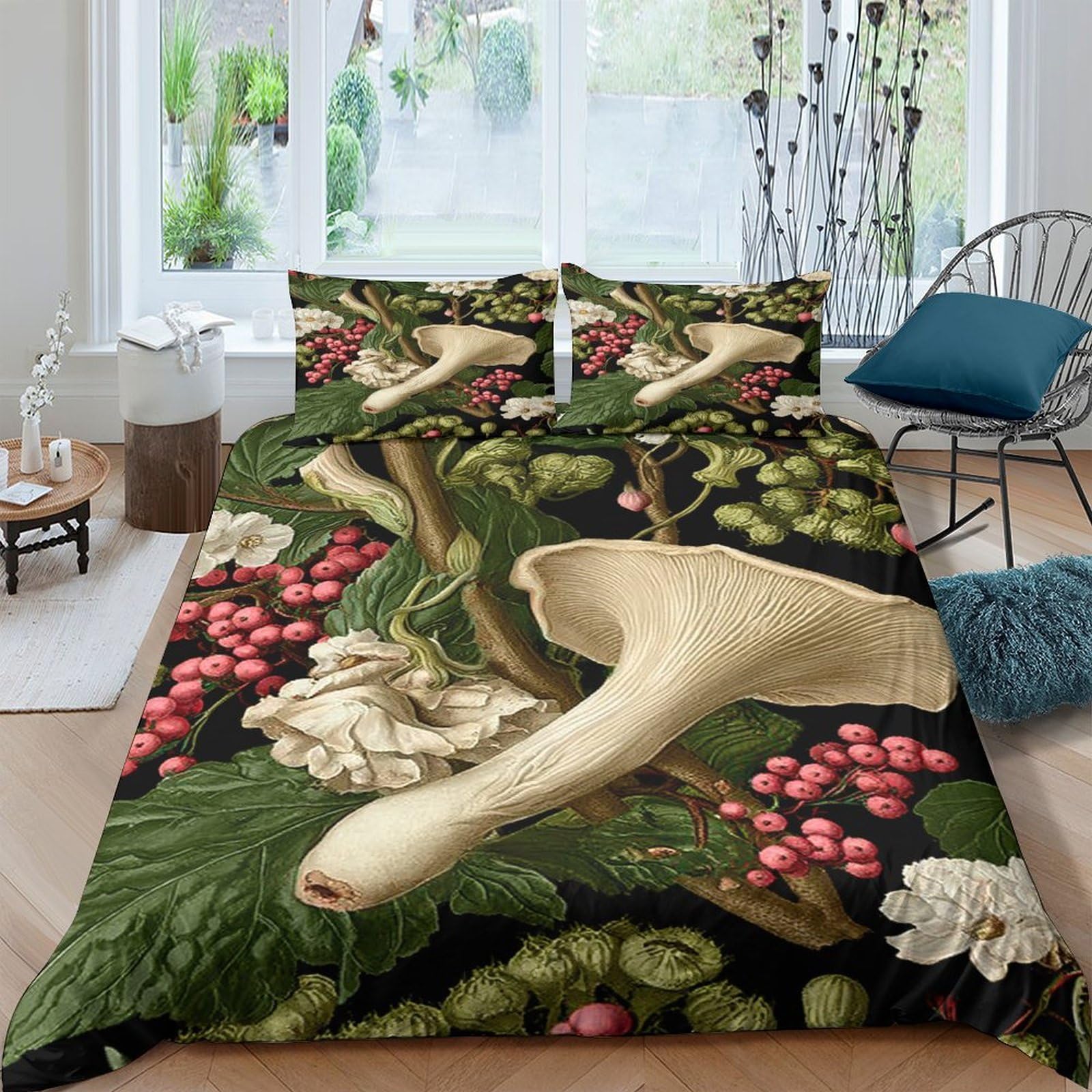 GPLZQXKJNH 3D Printed Botanical Mushroom Duvet Cover Set Microfiber Soft Breathable Floral Bedding with 2 Pillowcases for Bedroom Single（135x200cm）