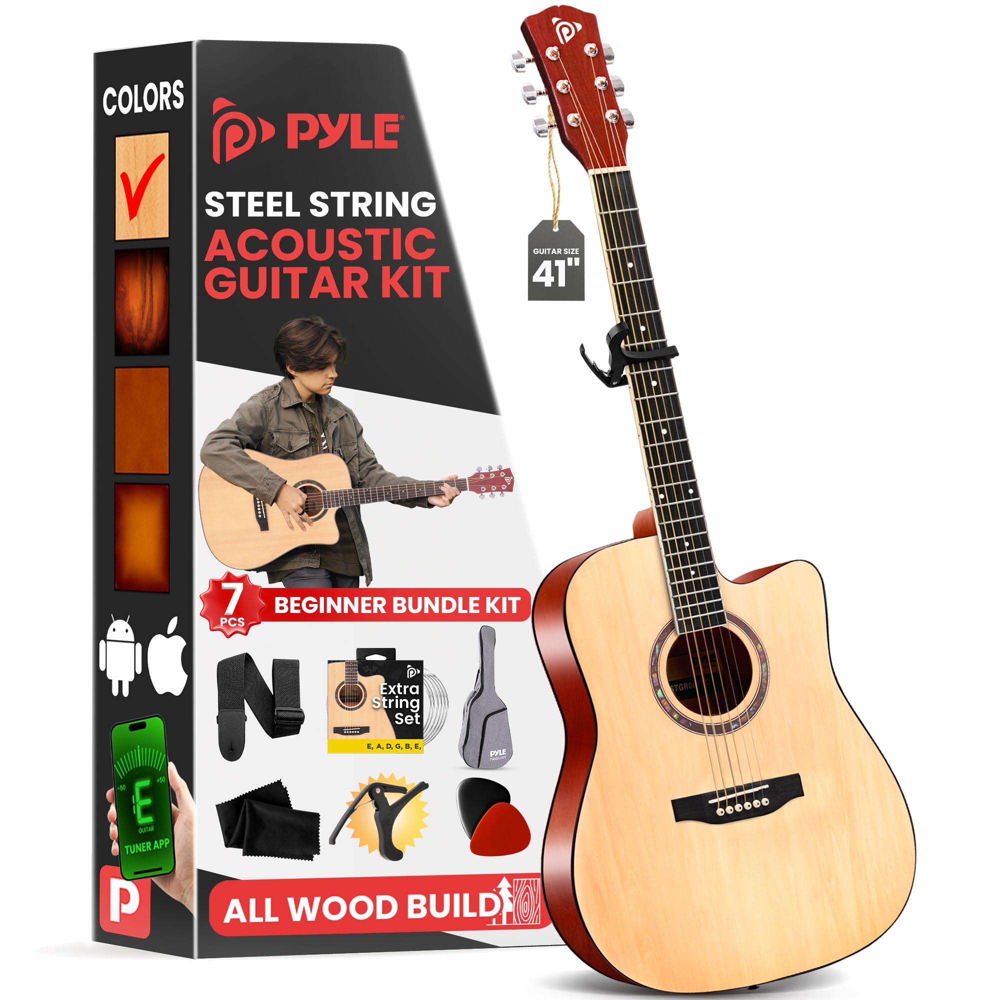 Pyle Beginner Cutaway Acoustic Guitar Kit, 4/4 Full Size All Wood Dreadnought Stringed Instrument with Gig Bag, Steel Strings, Picks, Strap, Capo, For Students and Adults, Natural