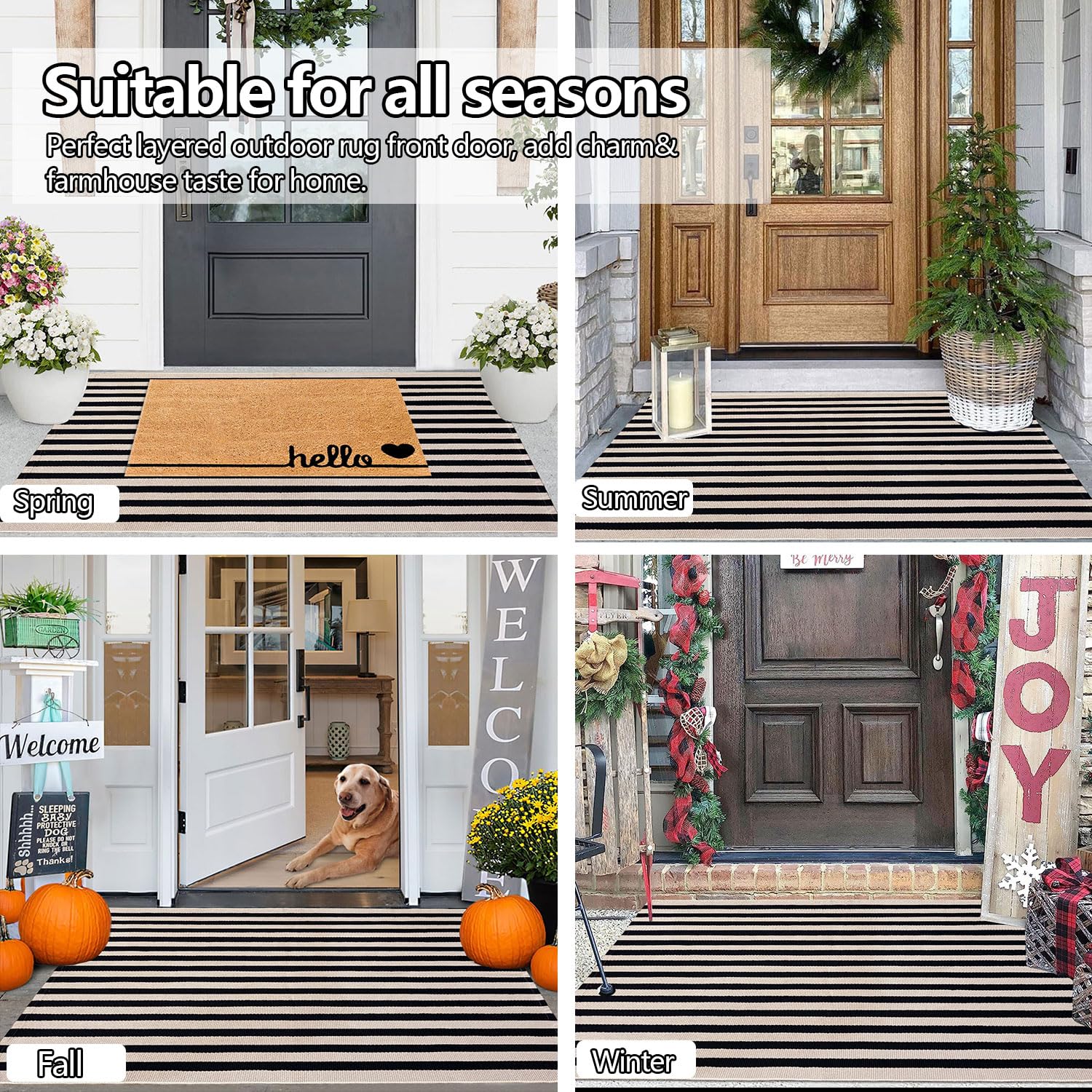 Indoor Outdoor Rug 3x5 Front Door Mat Outdoor Cotton Welcome Mat Outdoor Farmhouse Layered Mat Washable Stripe Outdoor Mats for Entrance Front Door Porch Balcony(Black/Tan) — view 7