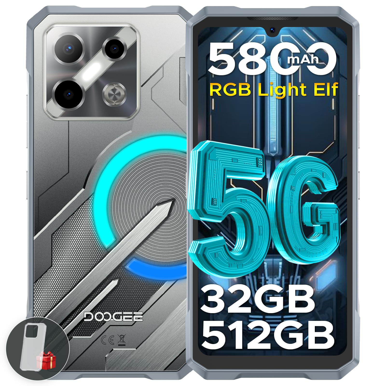 DOODEE Blade GT Pro 5G Rugged Phone with LED Light Effect,32GB+512GB/2TB Rugged Smartphone,6.72” FHD+120Hz, 5800 mAh Android Phone,100MP+32MP AI Camera/Face& Finger ID/NFC,Sliver