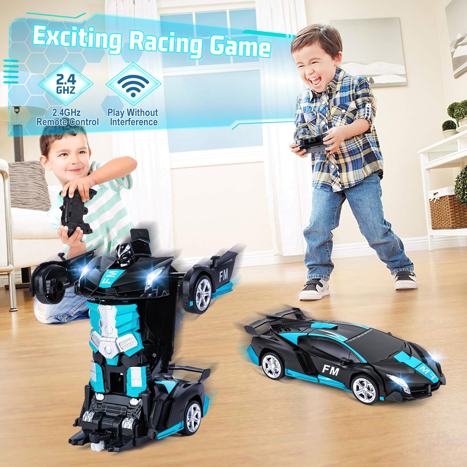 Kazzley Transformers Macchina Telecomandata Giocattoli, Auto Telecomandata con Sensore di Movimento, RC Robot Car con Effetto Luce e Suono, Macchina Radiocomandata per Bambini 4 5 6 7 8 9 10 Anni