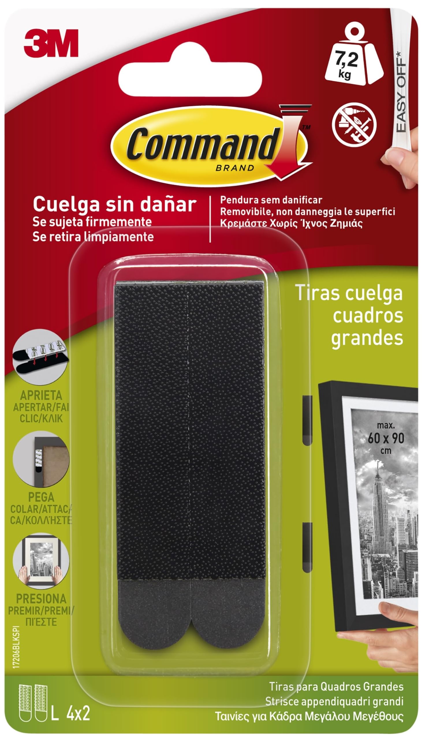 Command Tiras Adhesivas Grandes para Colgar Cuadros, Negro - 4 Pares de Tiras Adhesivas Grandes - Para Marcos, Espejos y Otros Adornos - Colgar Sin Agujeros y Sin Taladrar - Soporta Hasta 7,2 kg