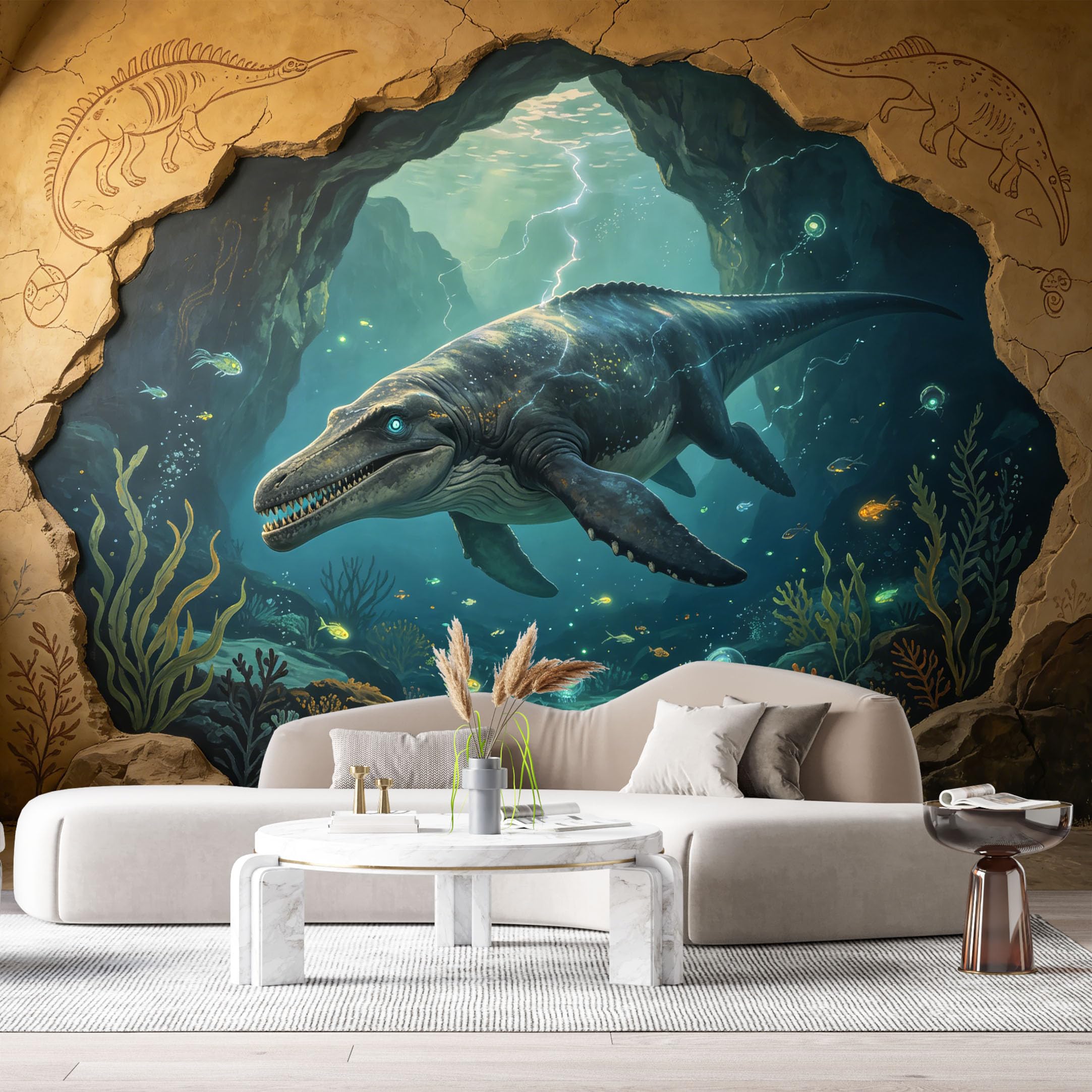 Custom Size Wall Mural Underwater Prehistoric Sea Monster 3D Trompe L'Oeil Ocean Depth Creature SelfAdhesive Art Prints Removable Large Wallpaper Esports Room Game Room Tenant Room Studio