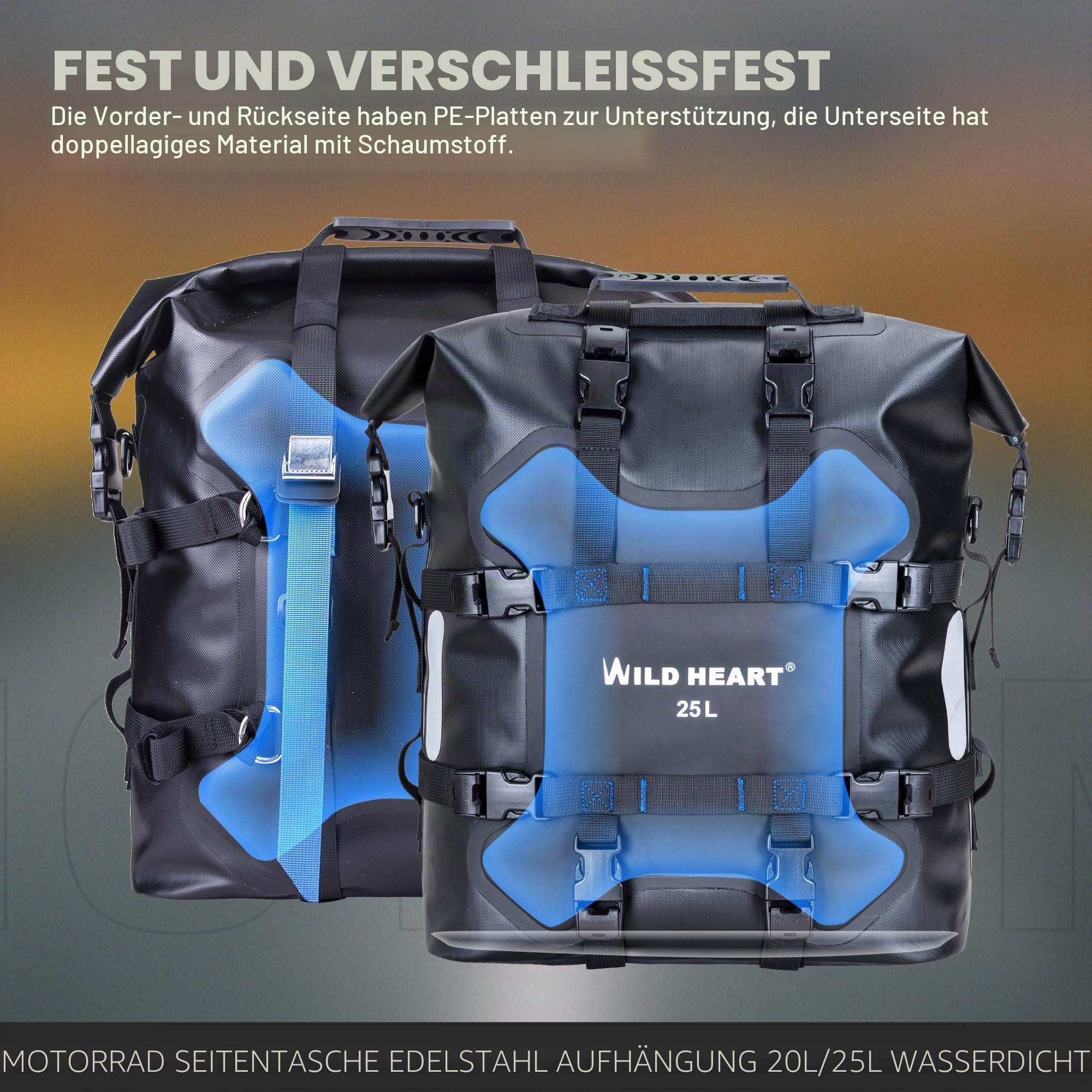 WILD HEART Motorrad Seitentasche Edelstahl Federung wasserdichte Tasche 20L/25L wasserdicht Pianner verschleißfest Allzweck-Bike-Zubehör (Schwarz TPU, 25L,One PCS)