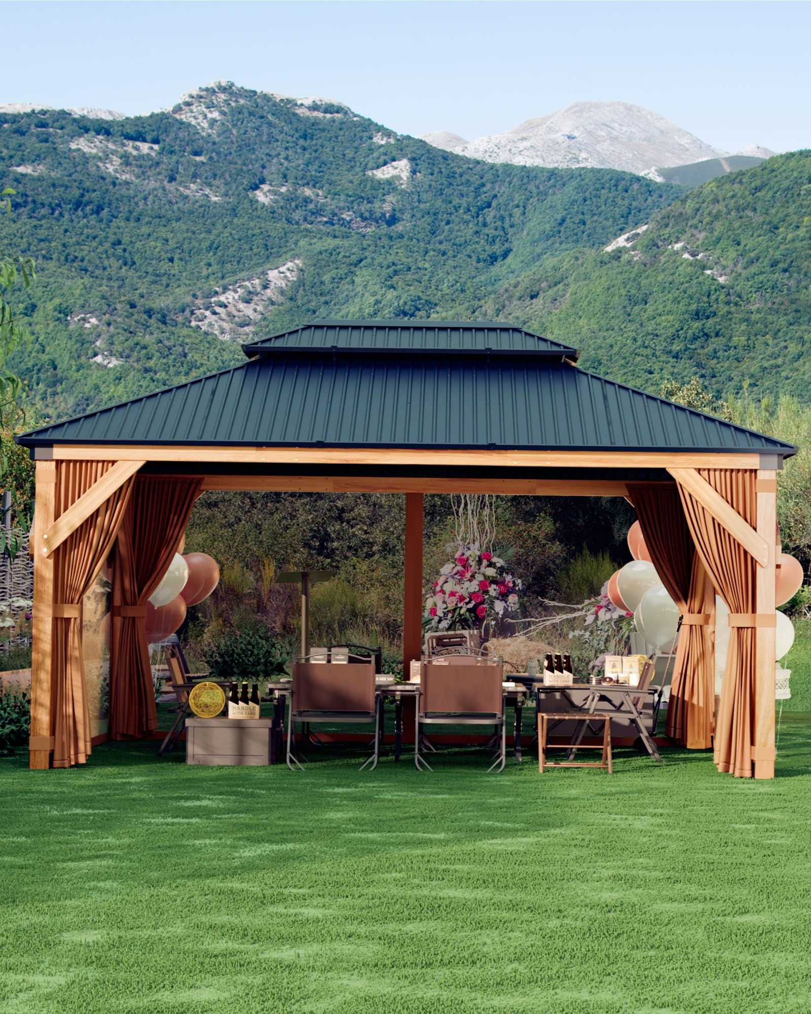 GarveeLife Hard top Wood Gazebo 12 ft x16 ft for All Weather, with Double Metal Roof, Heavy Duty Wooden Frame, Net, and Curtain, Permanent Building