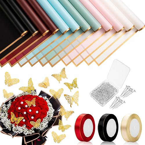 120 piezas de papel de regalo de flores con borde dorado, de color puro, translúcido, impermeable, papel de regalo para ramos, regalo, boda,