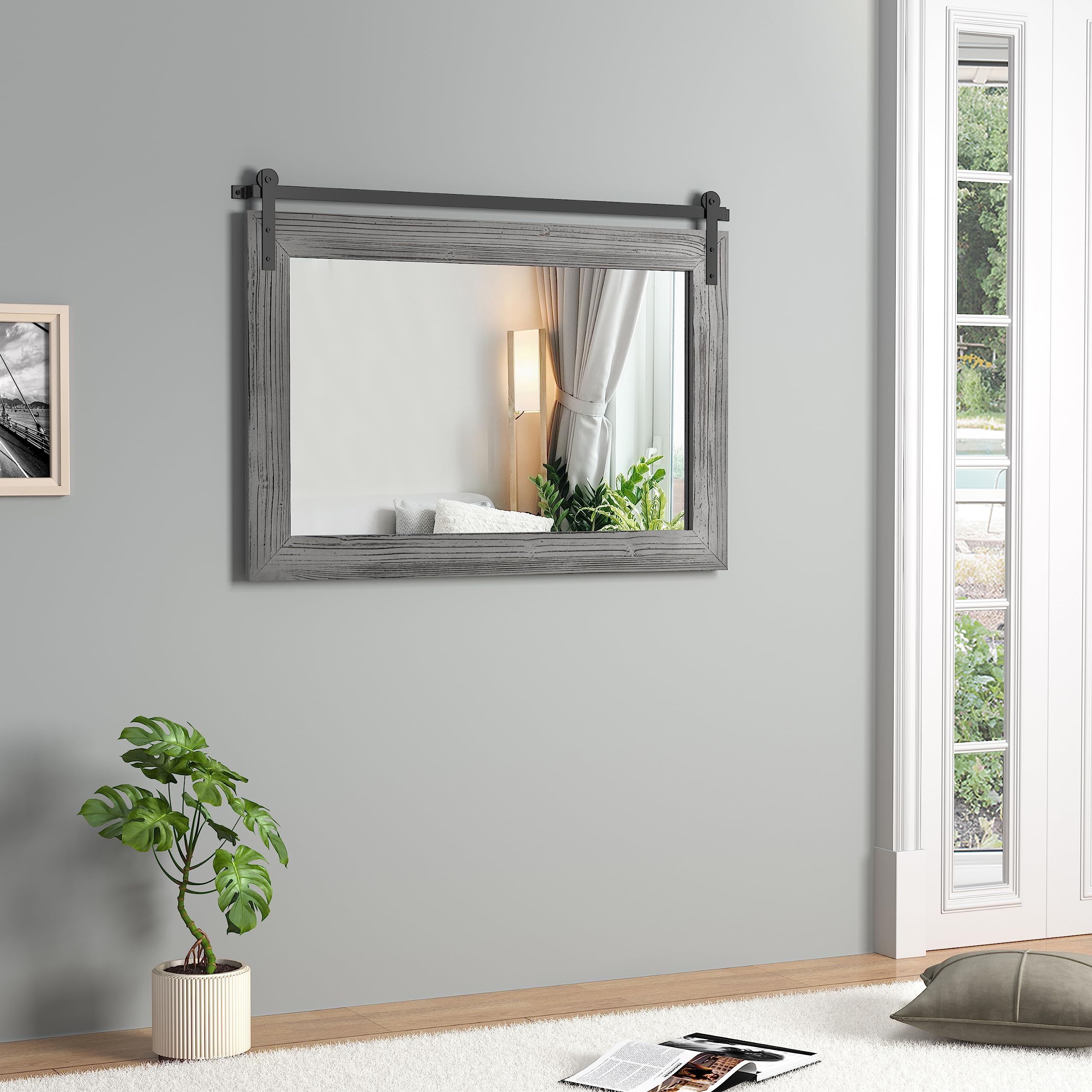 COGOOD Farmhouse Barn Door Mirror 41" x 26" Rustic Wood Framed Wall