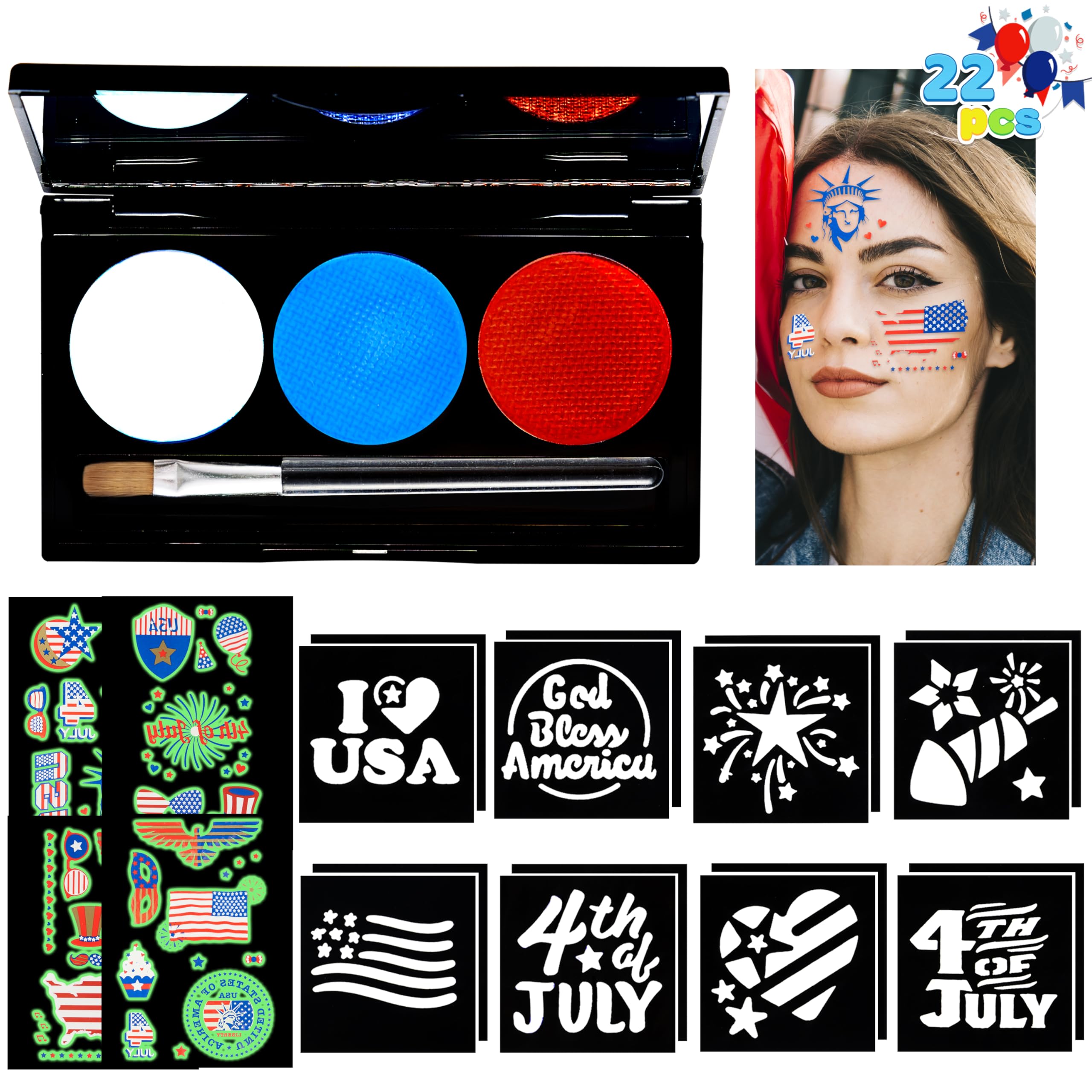 JOYIN 22PCS Red White Blue 4th of July Glowing Face Paint Set, Glow in the dark Patriotic Makeup with Stencils Sticker Temporary Tattoos for