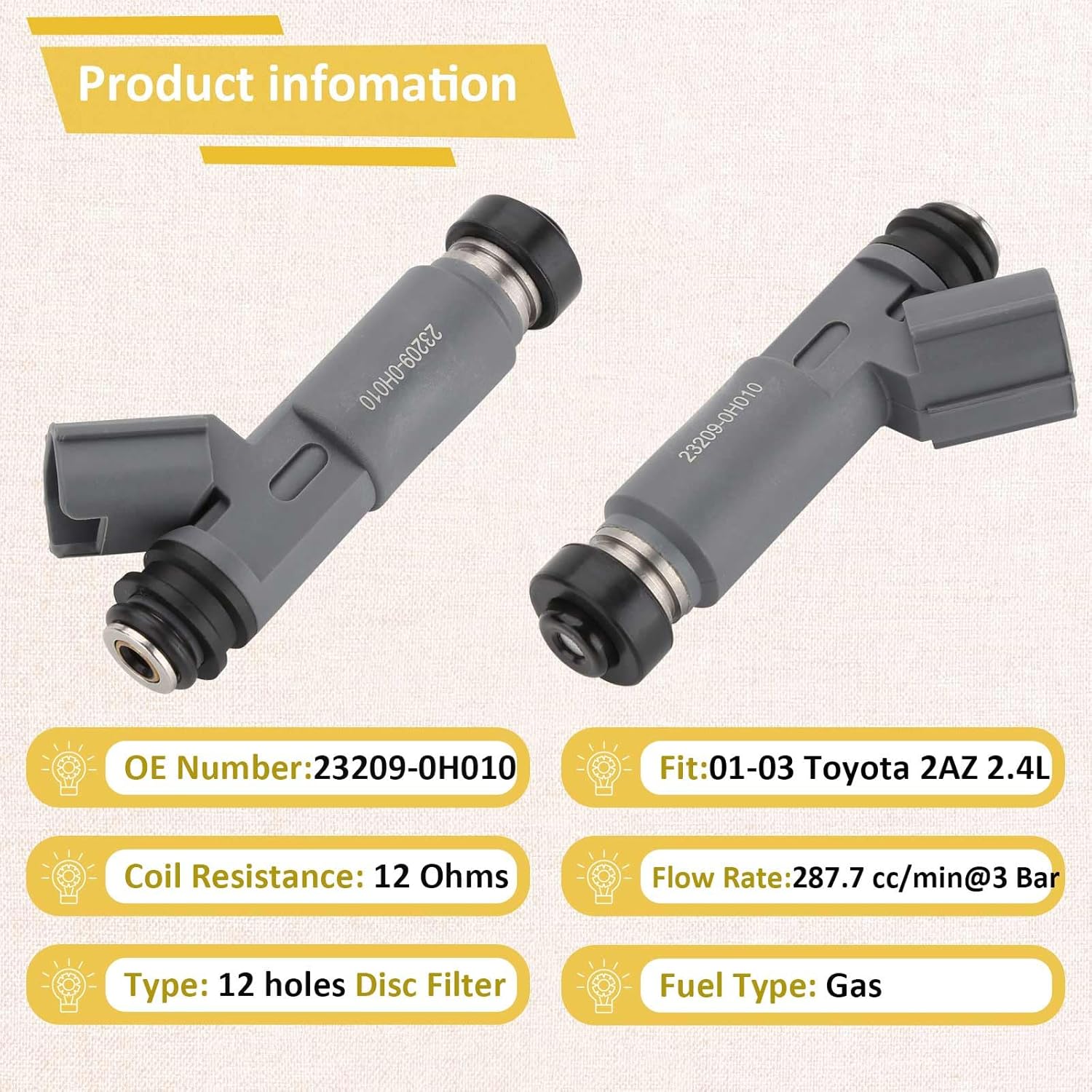 2001-2003 2AZ-FE Engine 2.4L Fuel Injectors,Compatible with/Toyota 2.4 Camry Highlander Solara 2001 2002 2003 |12 Holes| |Set of 4| |#23250-28020,23209-0H010|