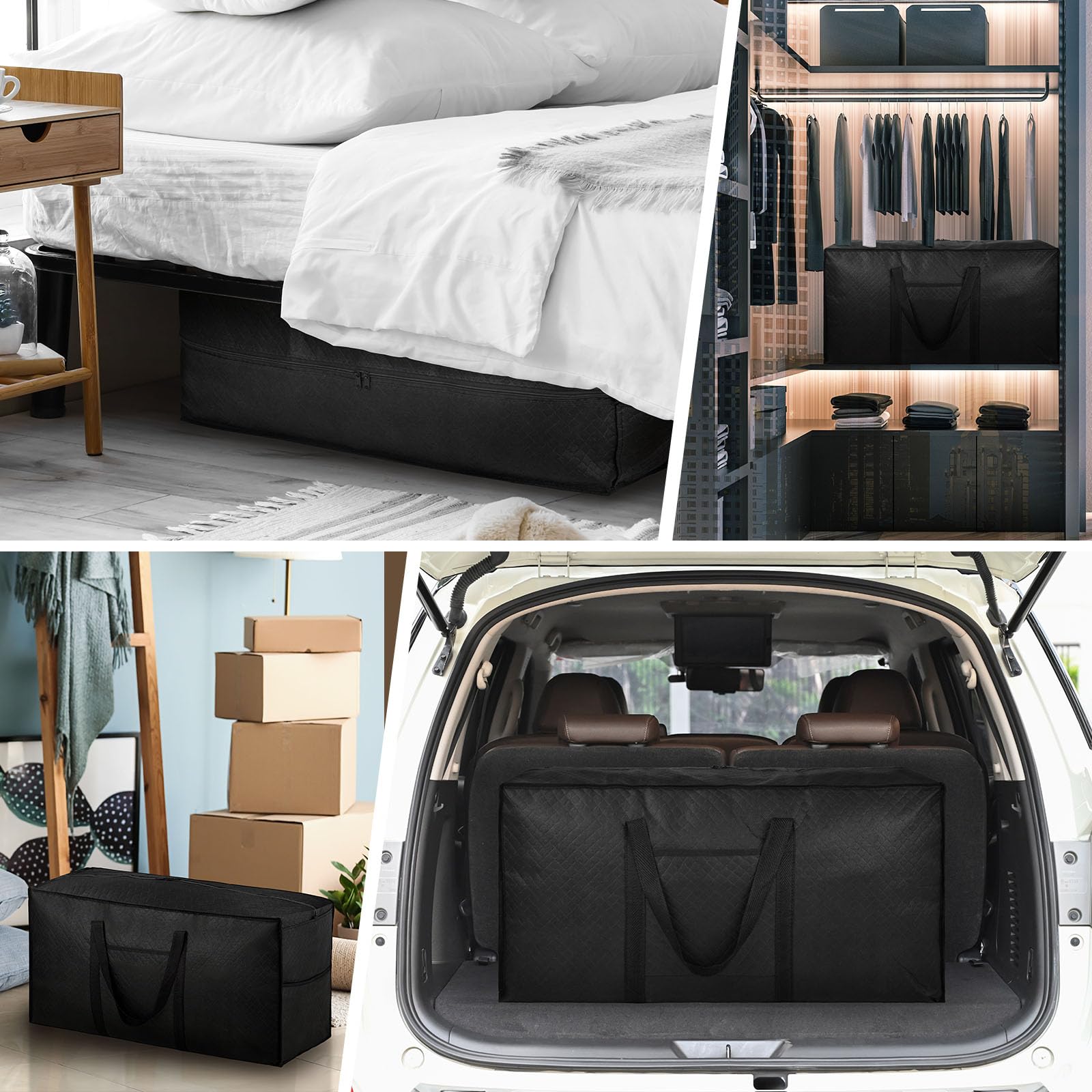 Lot de 4 sacs de rangement XXL 120L avec couvercle, sacs de rangement robustes avec fermeture éclair, sac de transport pour voyages, couette, vêtements, maison, sous-lit