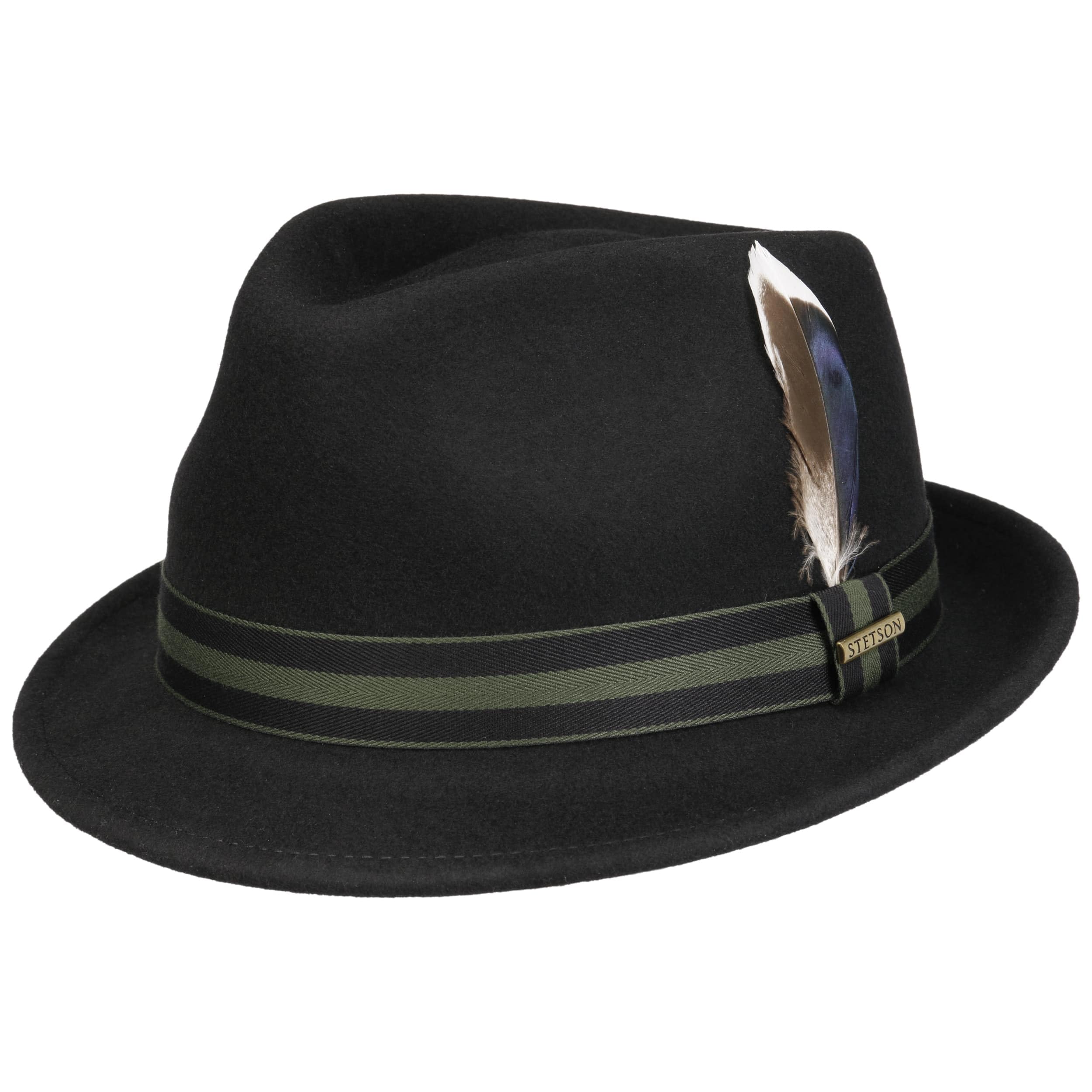 Stetson Men's Black Galento Trilby Wool Felt Hat Asahi Guard Packable Stripe Band Feather Autumn Winter
