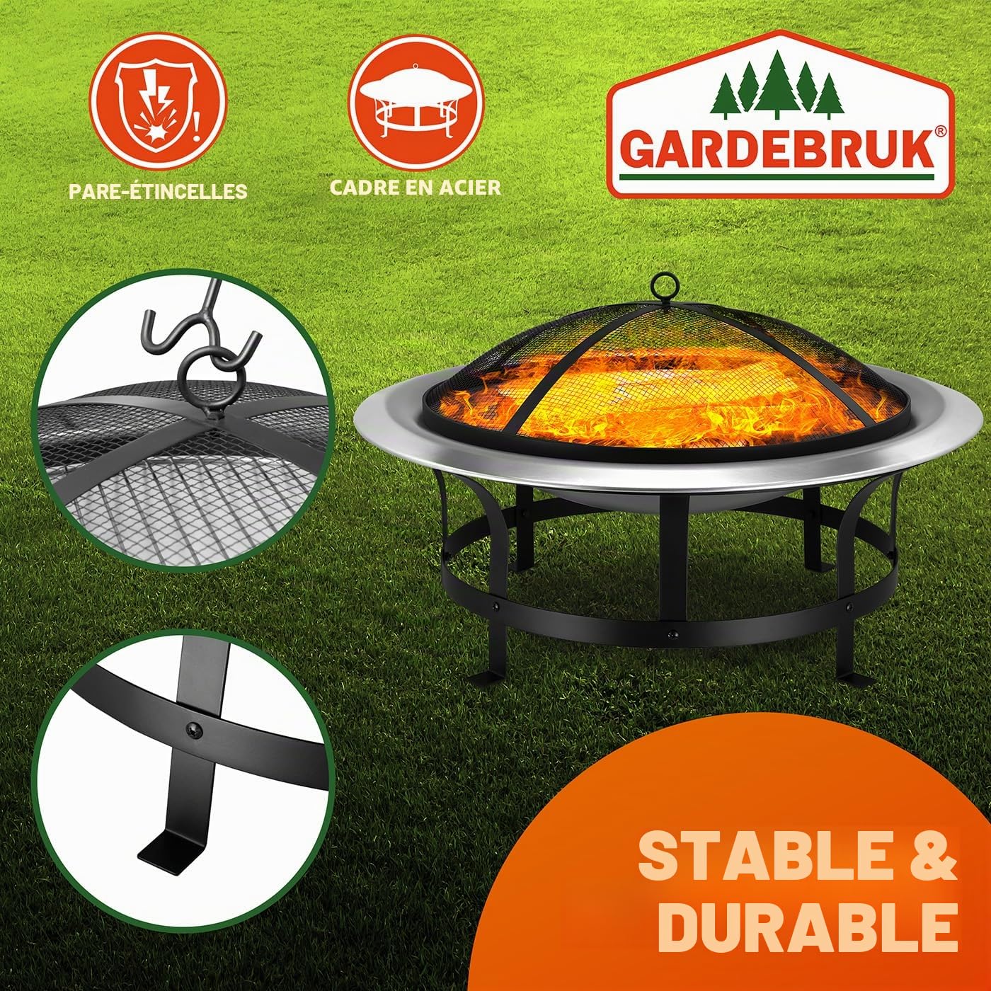 GARDEBRUK® Brasero de Jardin Rond 75 cm Acier Inoxydable avec Couvercle extérieur Jardin Grille Projections d'étincelles