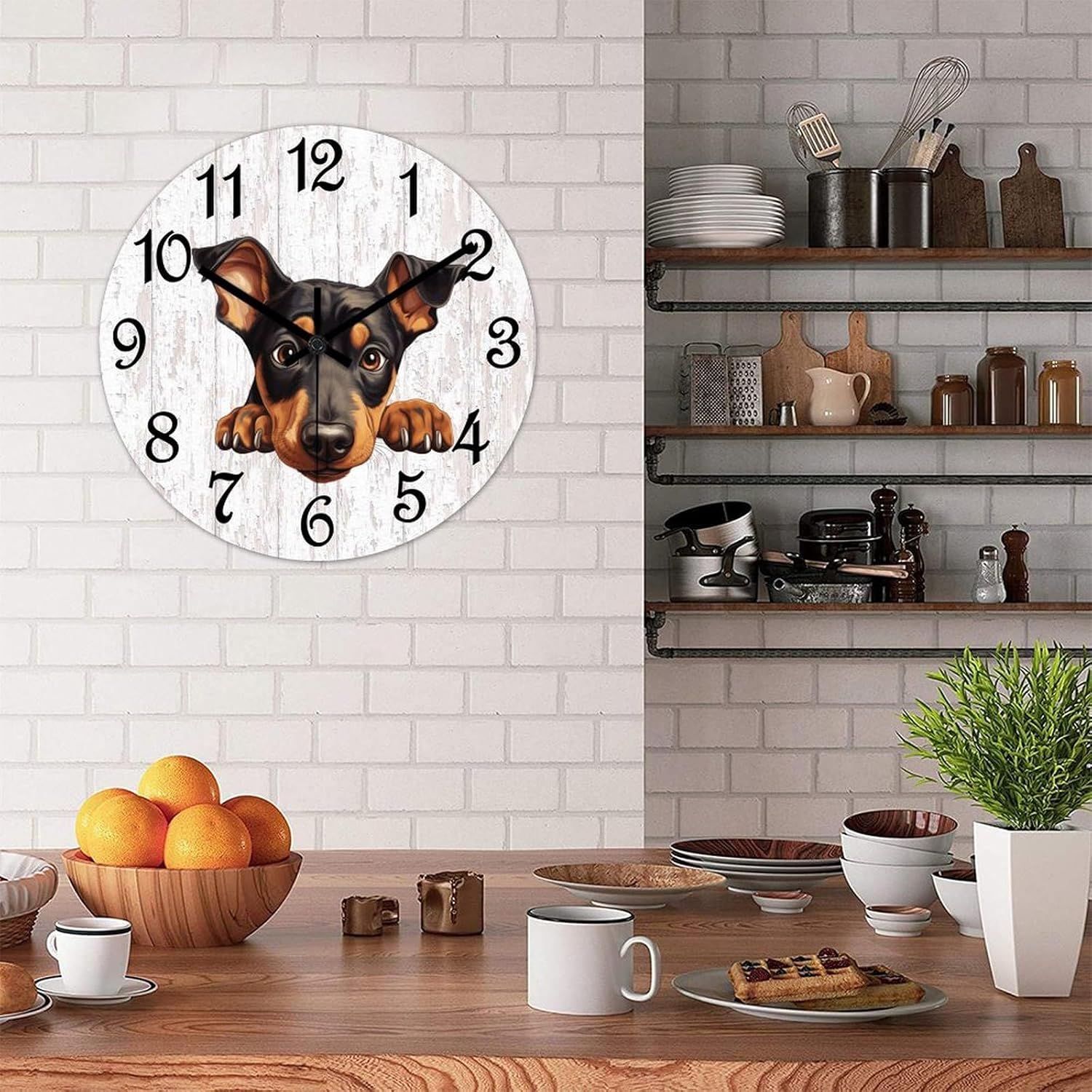 Doberman Pinscher Wooden Wall Clock Puppy Doggy Quiet Digital Round Wall Clock Wood Clock Stylish Wall Decor Home Decor Clock for Dining Room Farmhouse