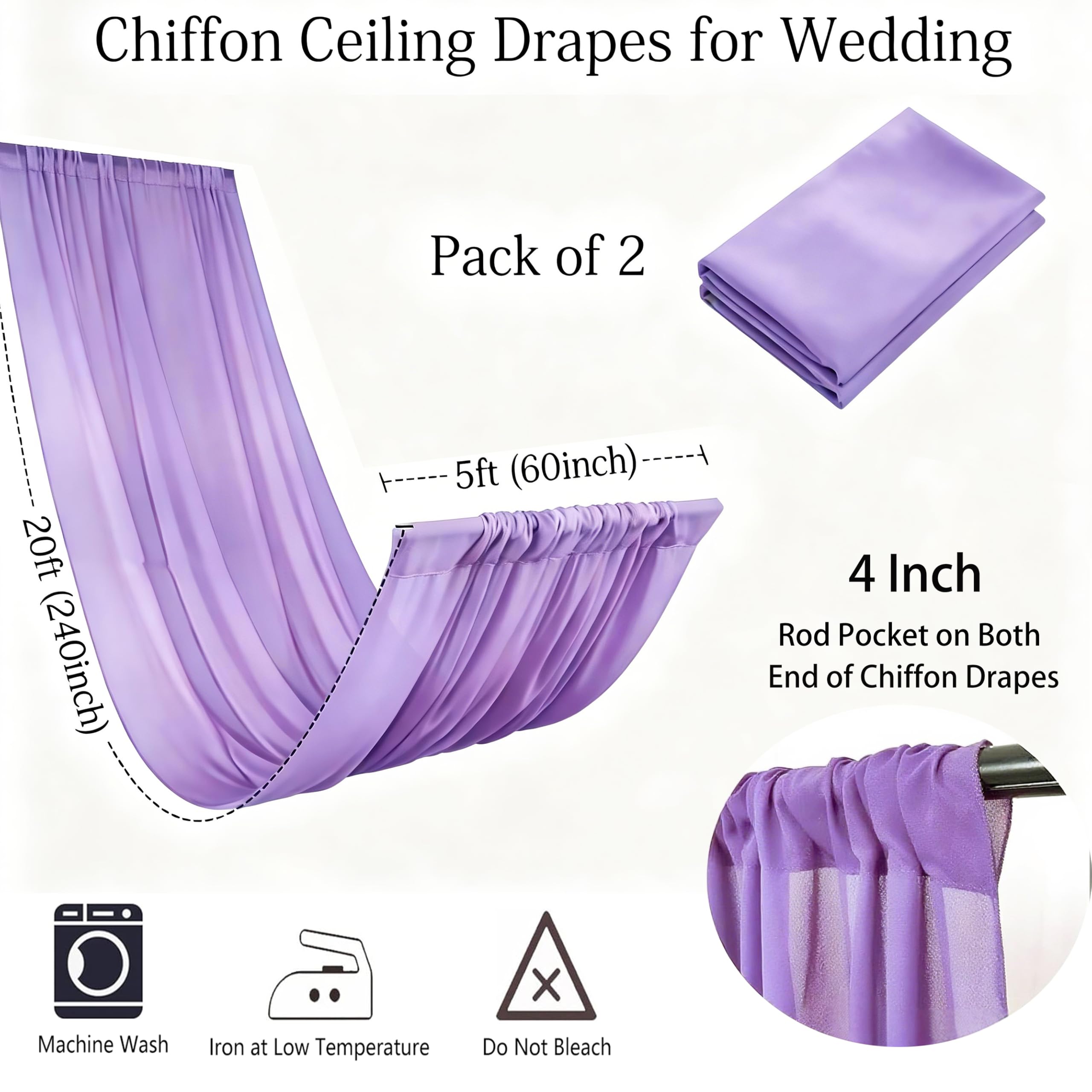 2 Paneele Lavendel-Deckenvorhänge für Hochzeiten, Deckenvorhänge, Chiffon-Deckenstoff, Drapierstoff für Hochzeit, Party, Verlobung, Brautparty, Deckenvorhänge, Dekoration