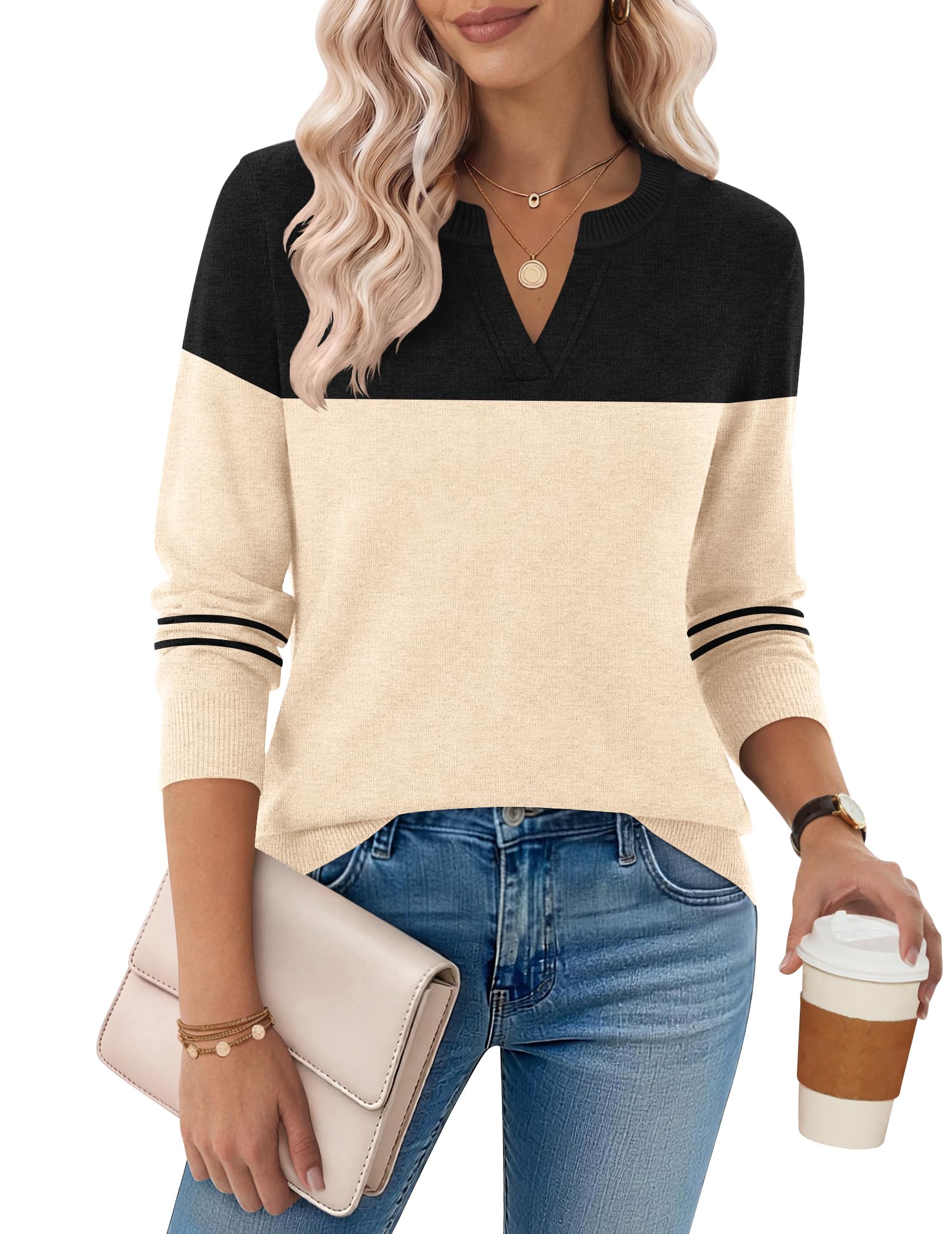 Zeagoo Maglione Donna Invernale Scollo a V Maniche Lunghe Pullover XS-XL | Maglione da Donna Leggero，Maniche Lunghe，Elegante，Morbido,Casual