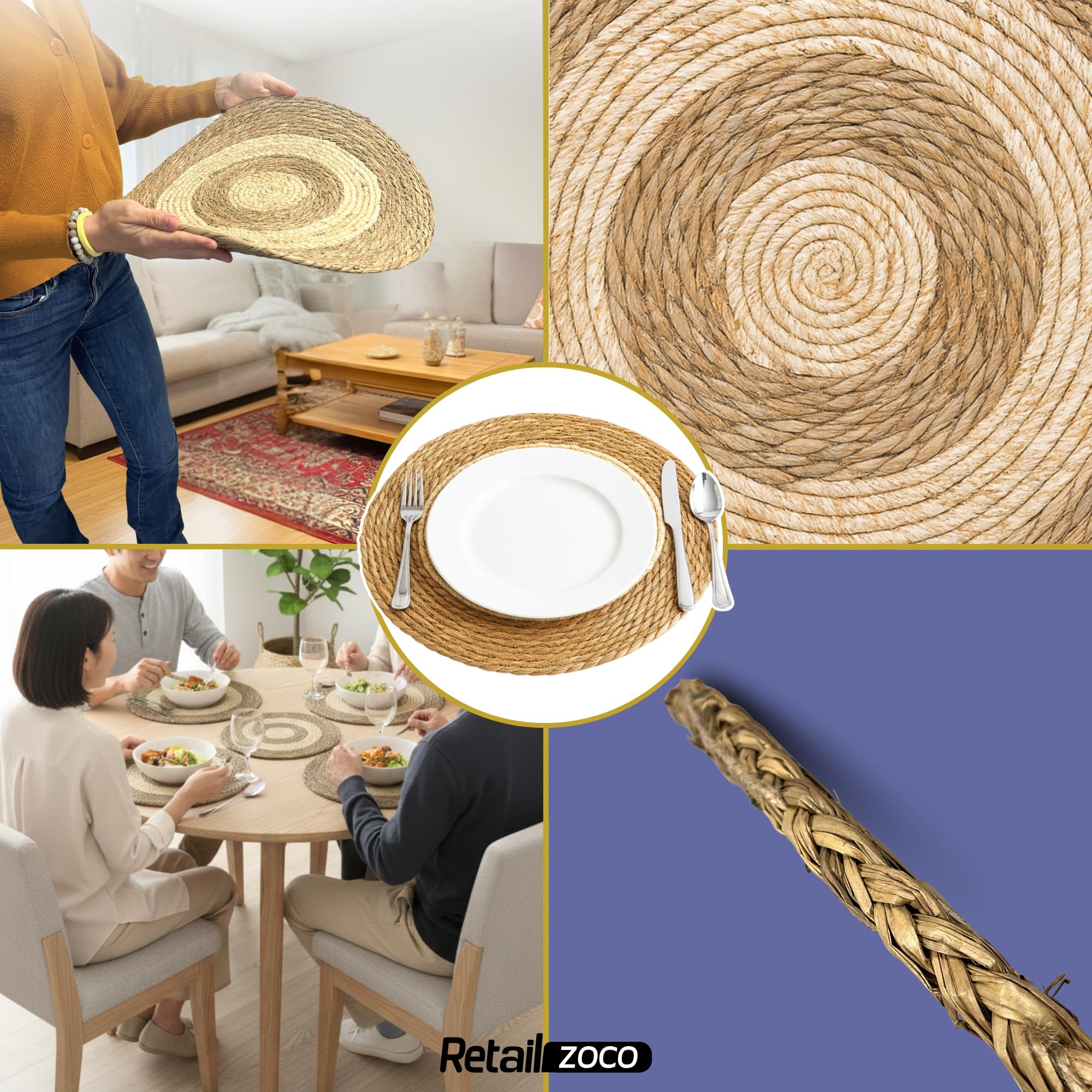 Salvamantel Mimbre Redondo circulos, Mantel Individual, Bajoplatos Redondos, Bajoplatos Mimbre, Apto para el hogar y restaurantes, Resistente al Calor, Diámetro de 45 cm, Pack de 12 Salvamanteles