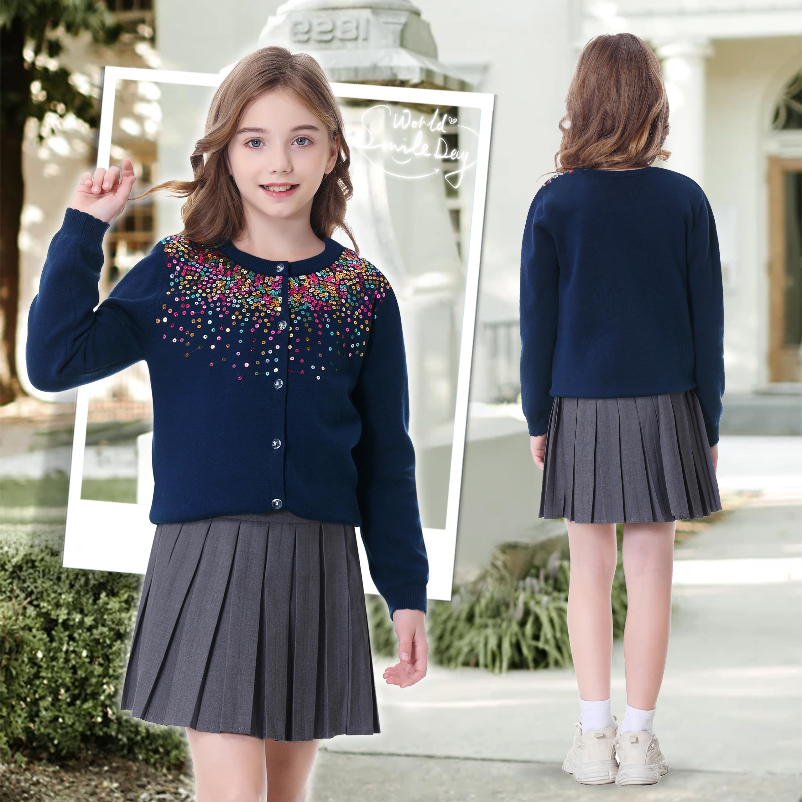 Rolanko Gilets pour Filles, Cardigans Scolaires de Base en Coton à Manches Longues et à Boutons, Pulls en Tricot à Col Roulé