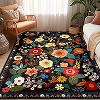 RELEANY Washable Boho Floral 5x7 Area Rug Non-Slip Low Pile Cute Flower Print for Nursery Kids Playroom Bedroom Living Room - Black