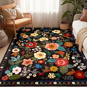 Floral 5x7 Area Rug Machine Washable Soft Print Boho Carpet Non Slip Doormat Low Pile Flower Area Rugs for Living Room Bedroom Nursery Kitchen Dining Room Indoor-Black