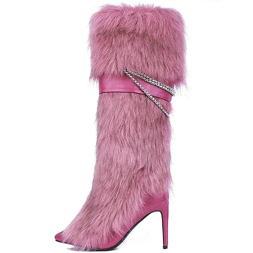 Pink Fluffy Boots for Women Knee High Wide Calf with Heel Fluffy Sexy Womens Snow Boots Fashion Winter Warm Women Boots Elegantes Dress Boot Shoes