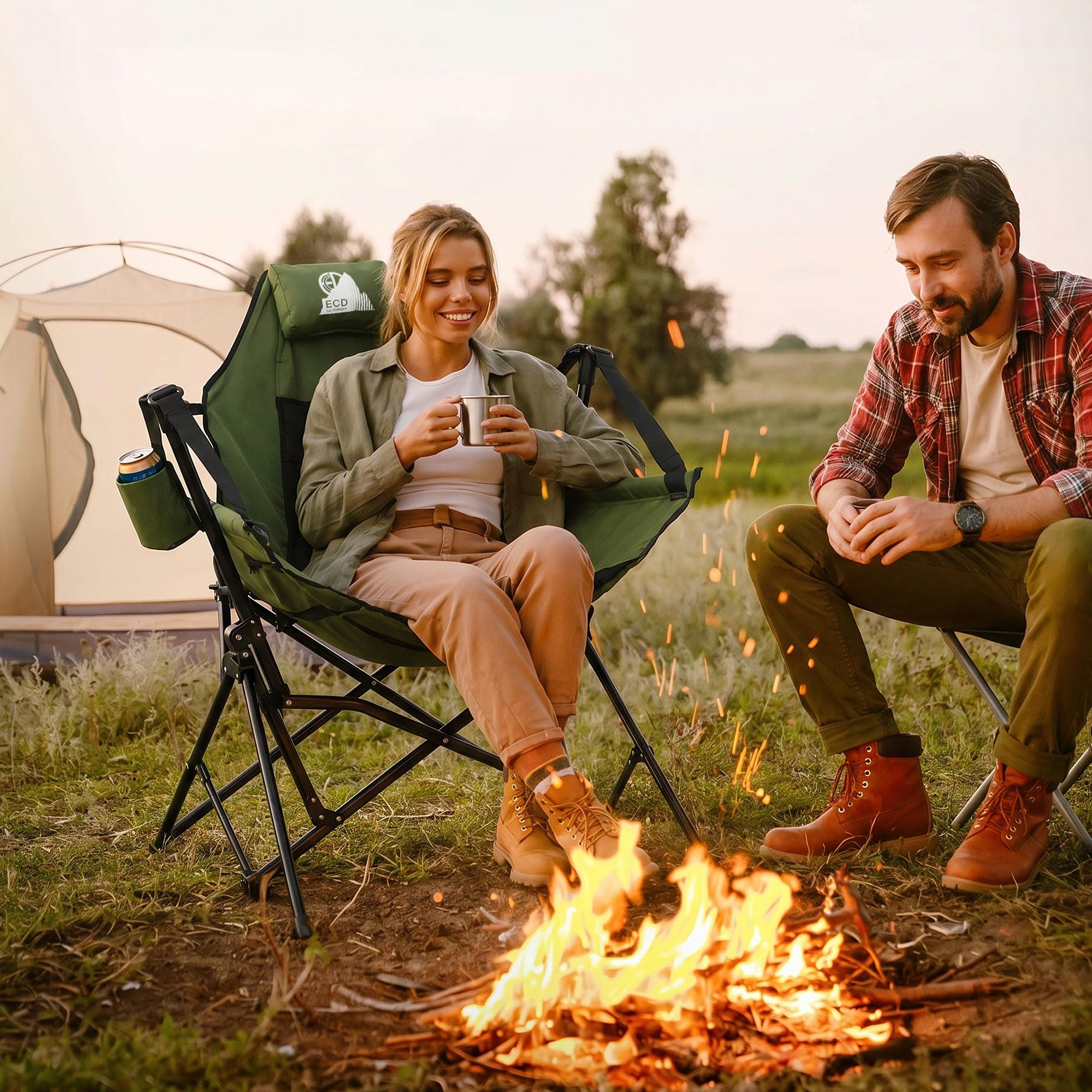 ECD Germany Skladane Krzeslo Campingowe Khaki Krzeslo Wedkarskie Bujany z Metalowa Konstrukcja Regulowane Wysokie Oparcie z Zaglówkiem Uchwyt na Napój Torba Fotel Outdoor na Camping Wedkowanie Ogród