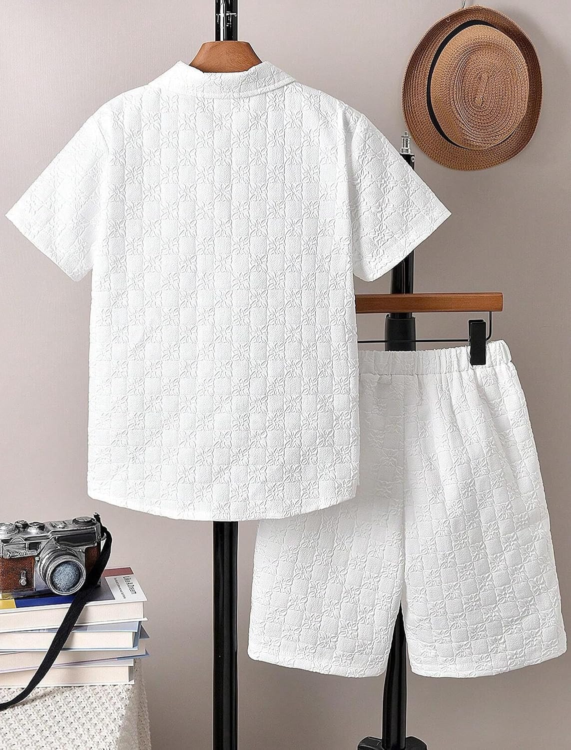 EXARUS Boys 2 Piece Summer Outfits Beach Vacation Sets Textured Linen Short Sleeve Shirts and Shorts Clothes Pockets