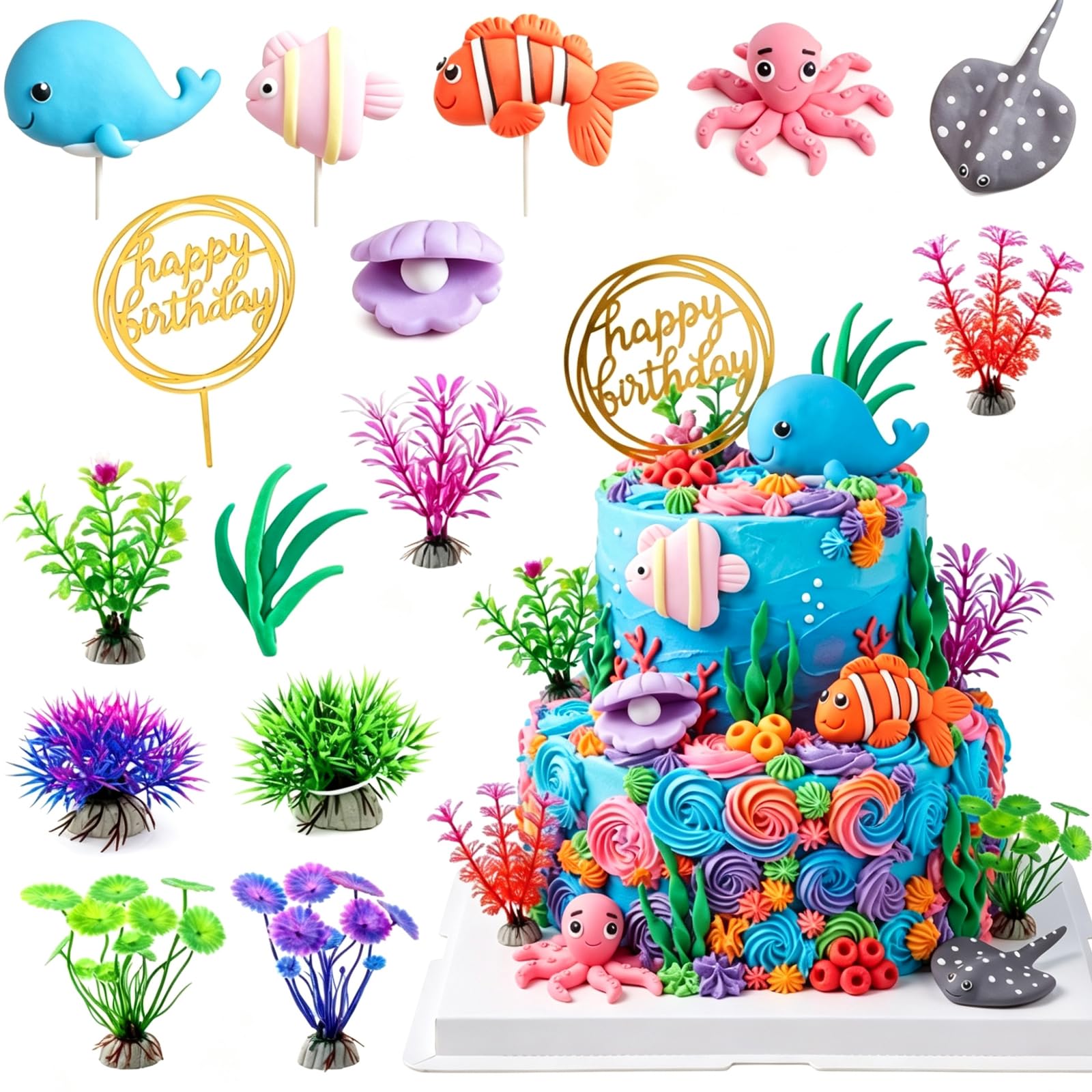 15 PCS Ocean Cake Toppers - Under The Sea Animal Decorations Ocean Party Favor Supplies for Baby Shower & Birthday Parties