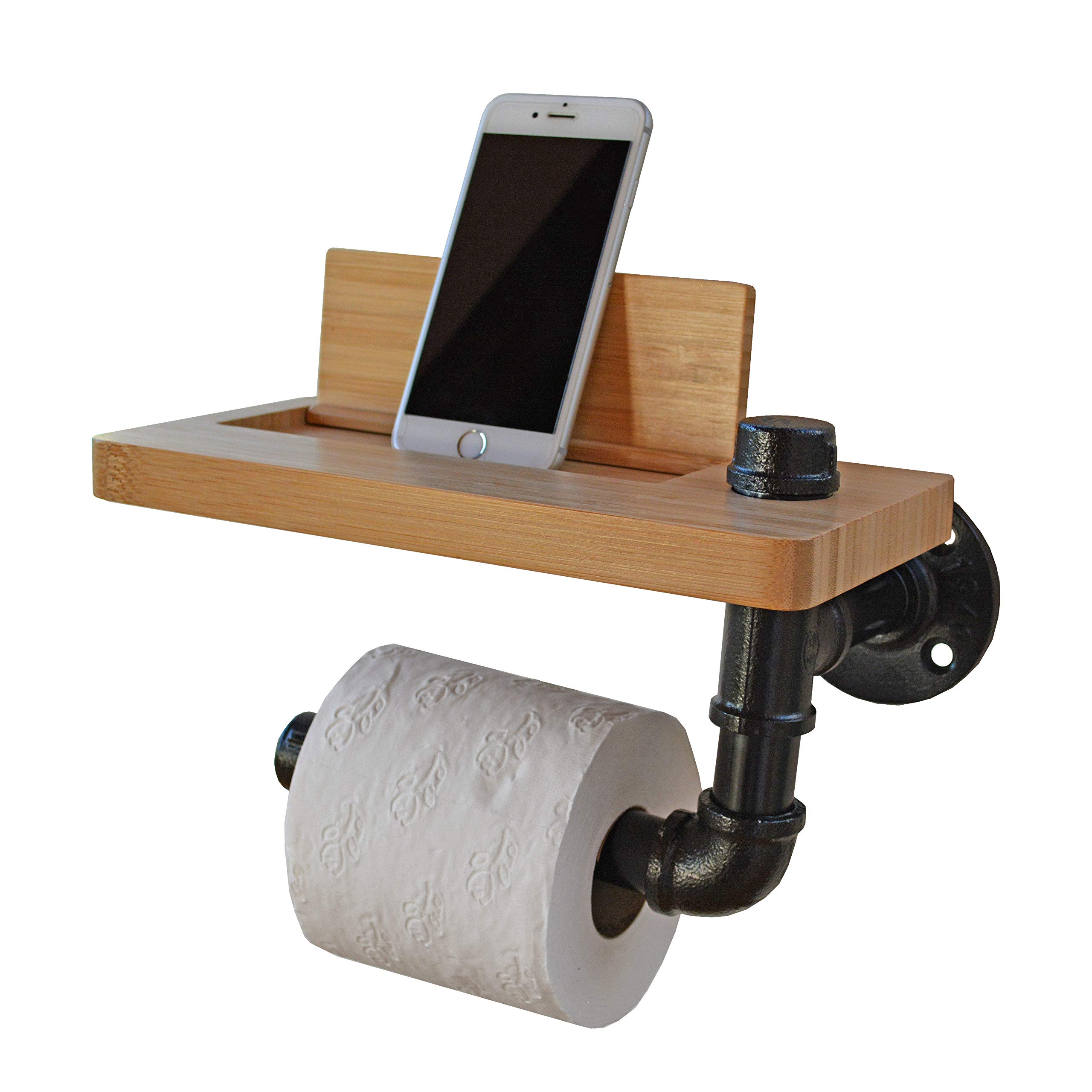 Martrams Toilet Paper Holder Natural Bamboo With Swivel Shelf