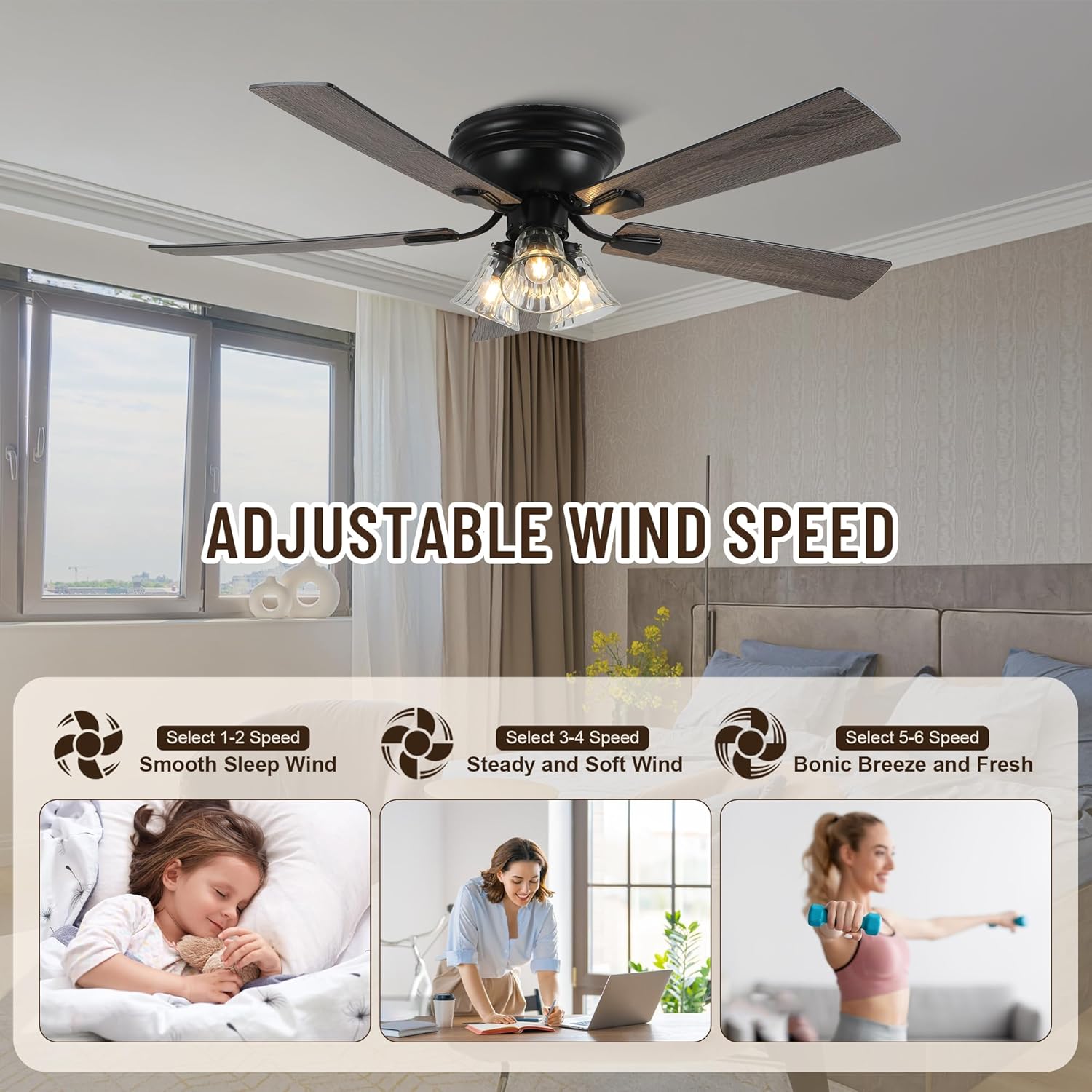 52'' Flush Mount Ceiling Fans with Lights and Remote Control,Reversible DC Motor,5 Reversible Blade,6 Speeds,Rustic Farmhouse Ceiling Fan for Living Room,Dining Room,Bedroom