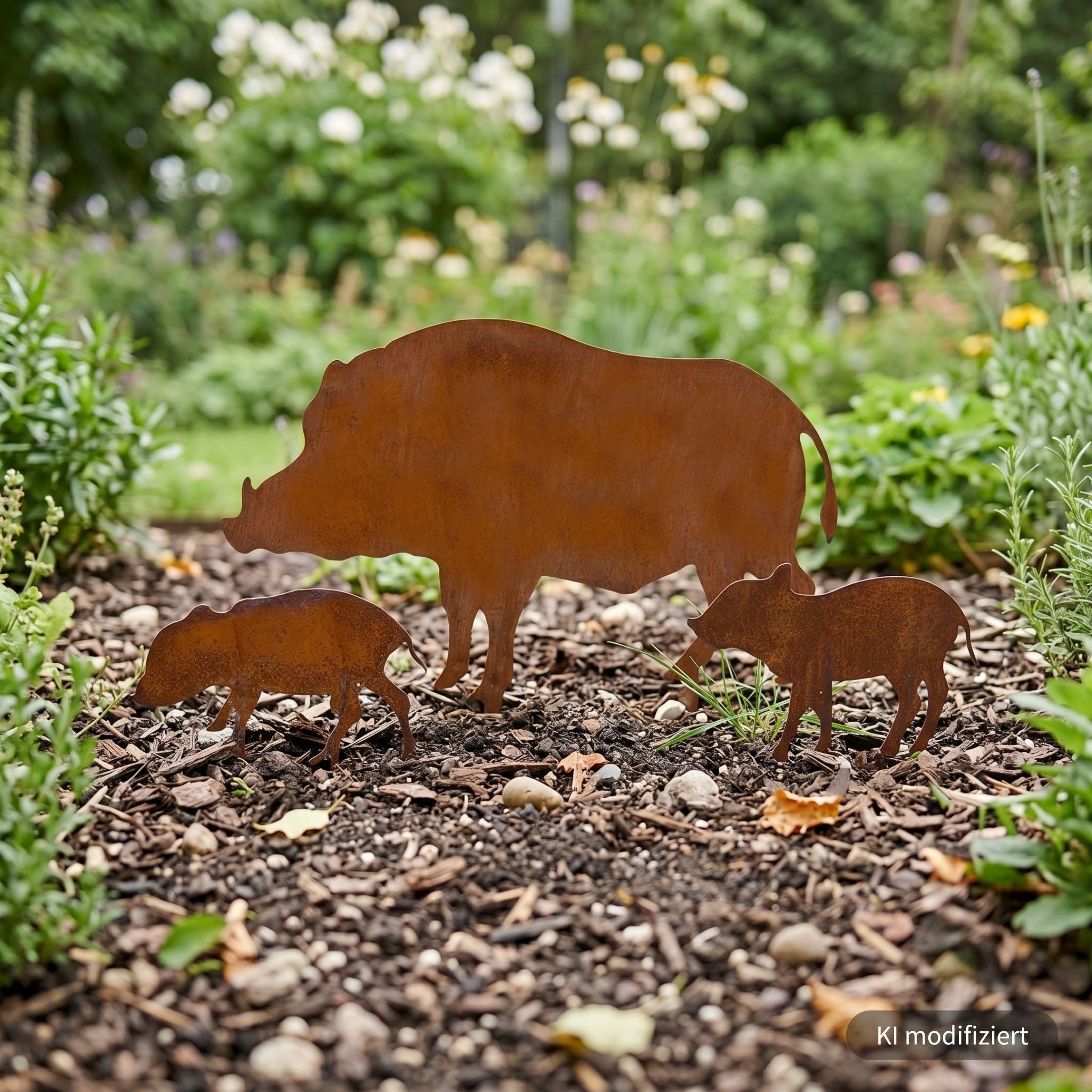 Storm's Gartenzaubereien Gartenstecker Wildschwein Figuren 1 großes Schwein und 2 kleine Ferkel in Rostoptik 46xH28cm