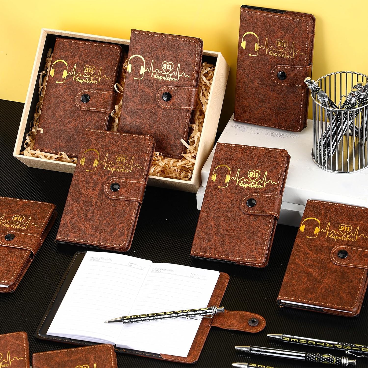 Ctosree 15 Sets 911 Dispatcher Gifts Bulk Pocket Leather Notebooks with Yellow Flag Pens for Telecommunicator Week Dispatcher Appreciation Gifts Lined Small Journal Office Supplies Accessories