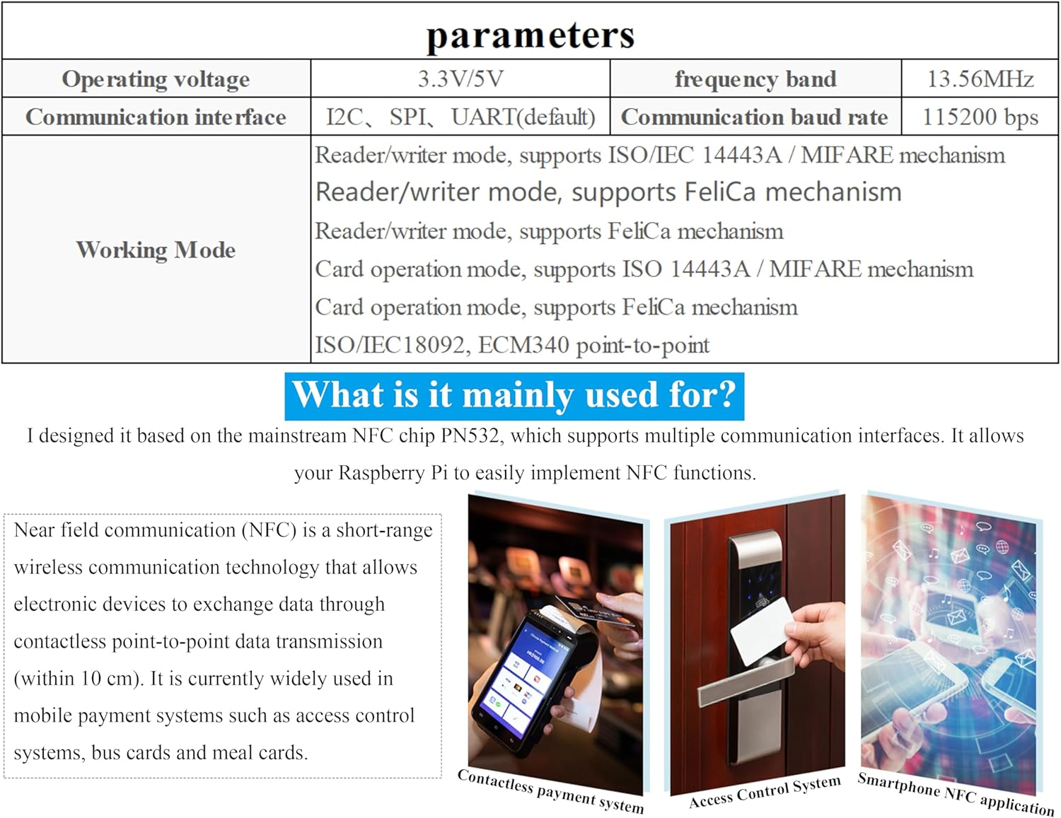 PN532 NFC HAT Compatible with Raspberry Pi 5/ 4B/3B+/3B/2B/A+/Zero W/WH/Zero 2 W/Pico/Pico 2W, PN532 Chip, Support Multi NFC/RFID Cards, 13.56 MHz Band, I2C, SPI, and UART Interfaces
