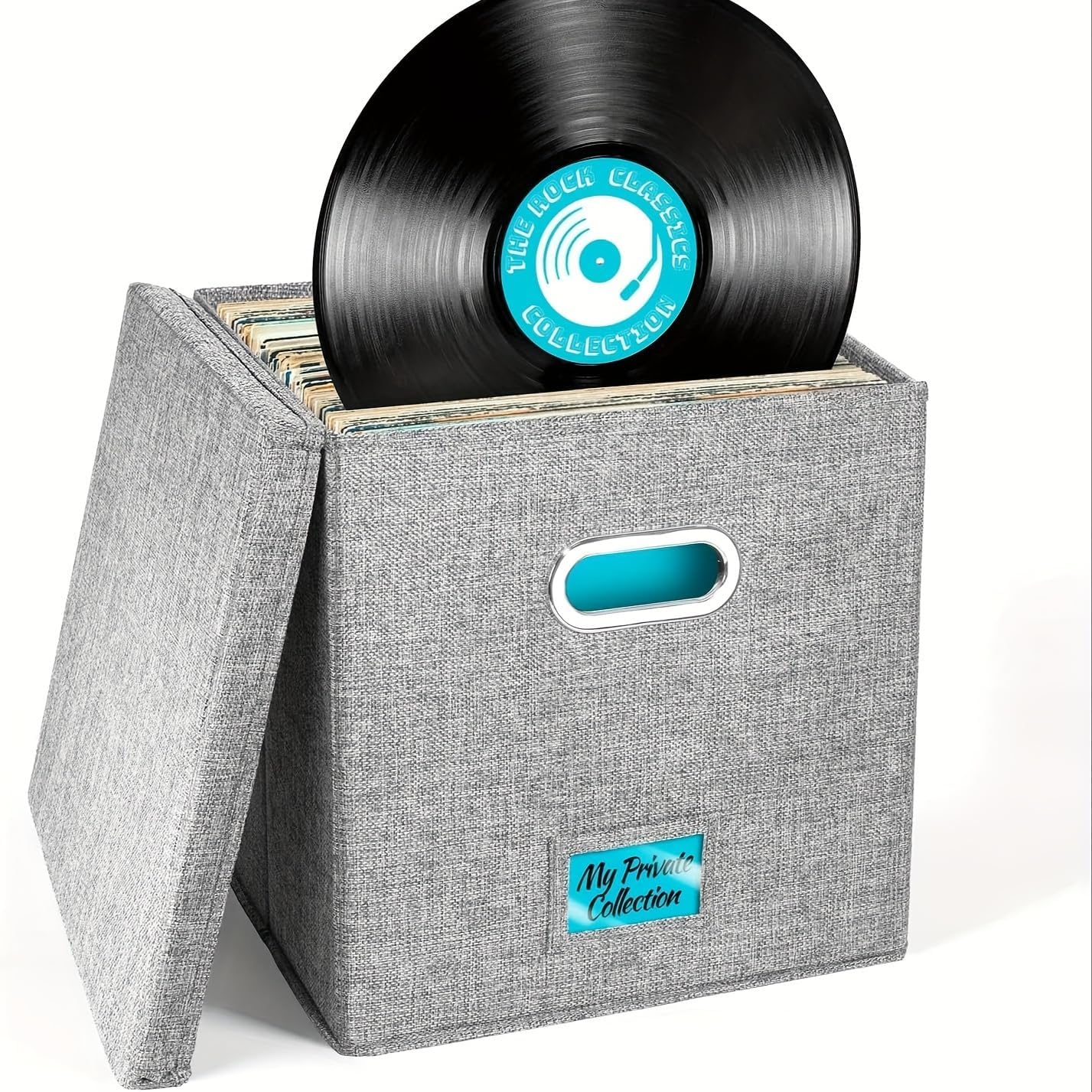 2-Pack Vinyl Record Storage Box, 13 x 13 x13 Inches Vinyl Crate Album Organizer with Lid, Decorative LP Record Moving Boxes Holds up to Single 100 Records Collection, Foldable & Stackable File Box