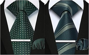Enlision Green Plaid Tie Clip Striped Ties for Men Handkerchief Woven Classic Mens Necktie Pocket Square Set Formal Wedding Ties