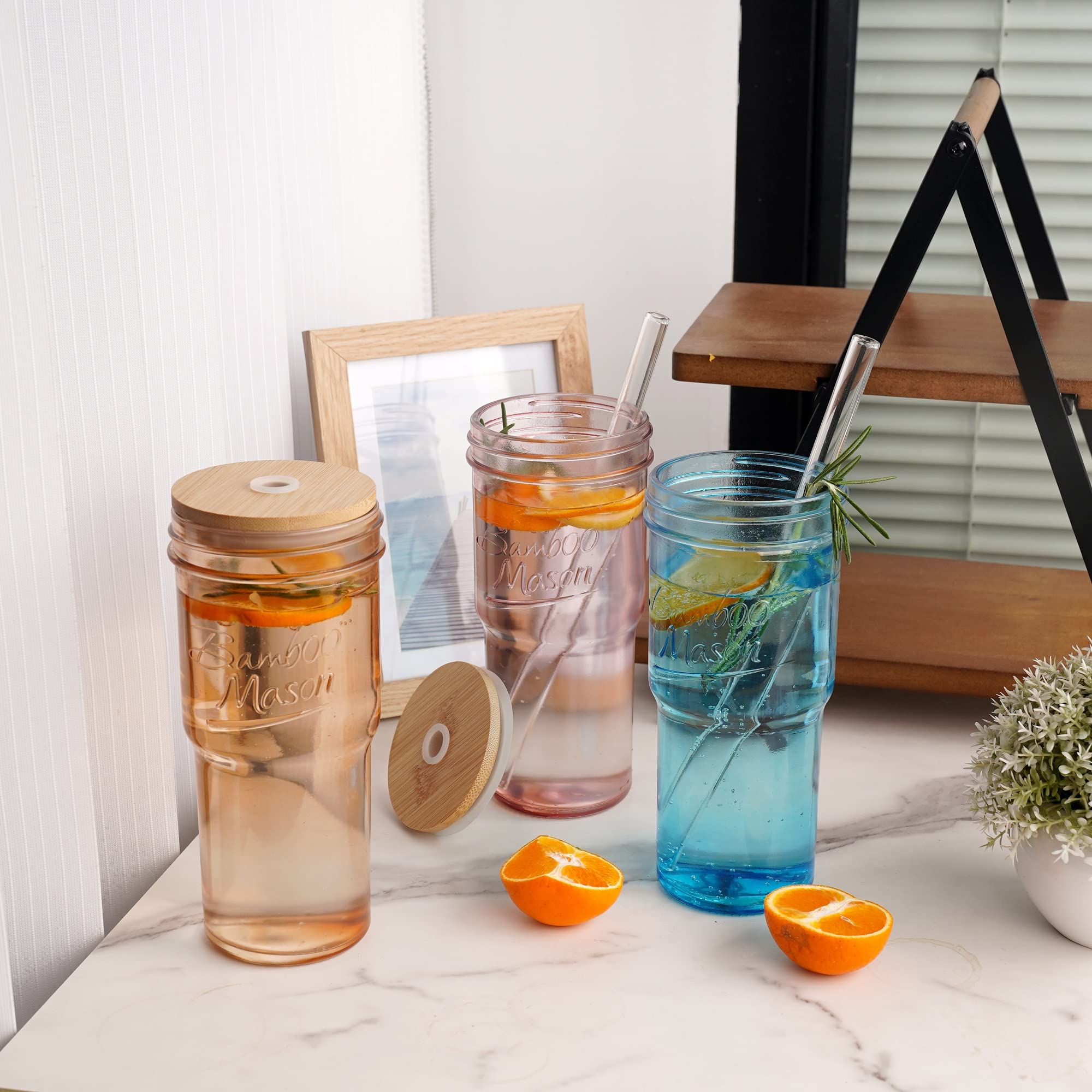 ANOTION Farbige Glasbecher mit Deckel und Strohhalmen 24oz Reise Kaffeebecher Breiter Mund Mason Jar Eiskaffee Tasse Smoothie Cup Glas Tumbler Tee