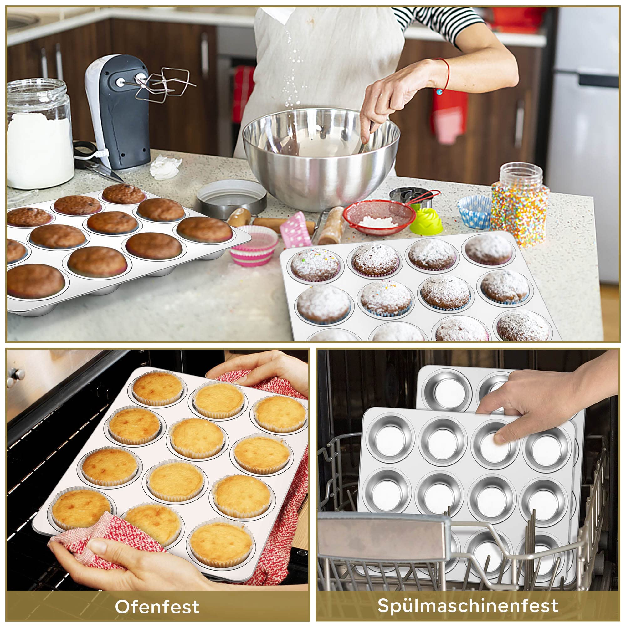Belmalia Teglia per Muffin, Silicone, 33 x 25 x 3 cm, 12 Stampi, Rivestimento Antiaderente Cupcake Brownie Budino Nero