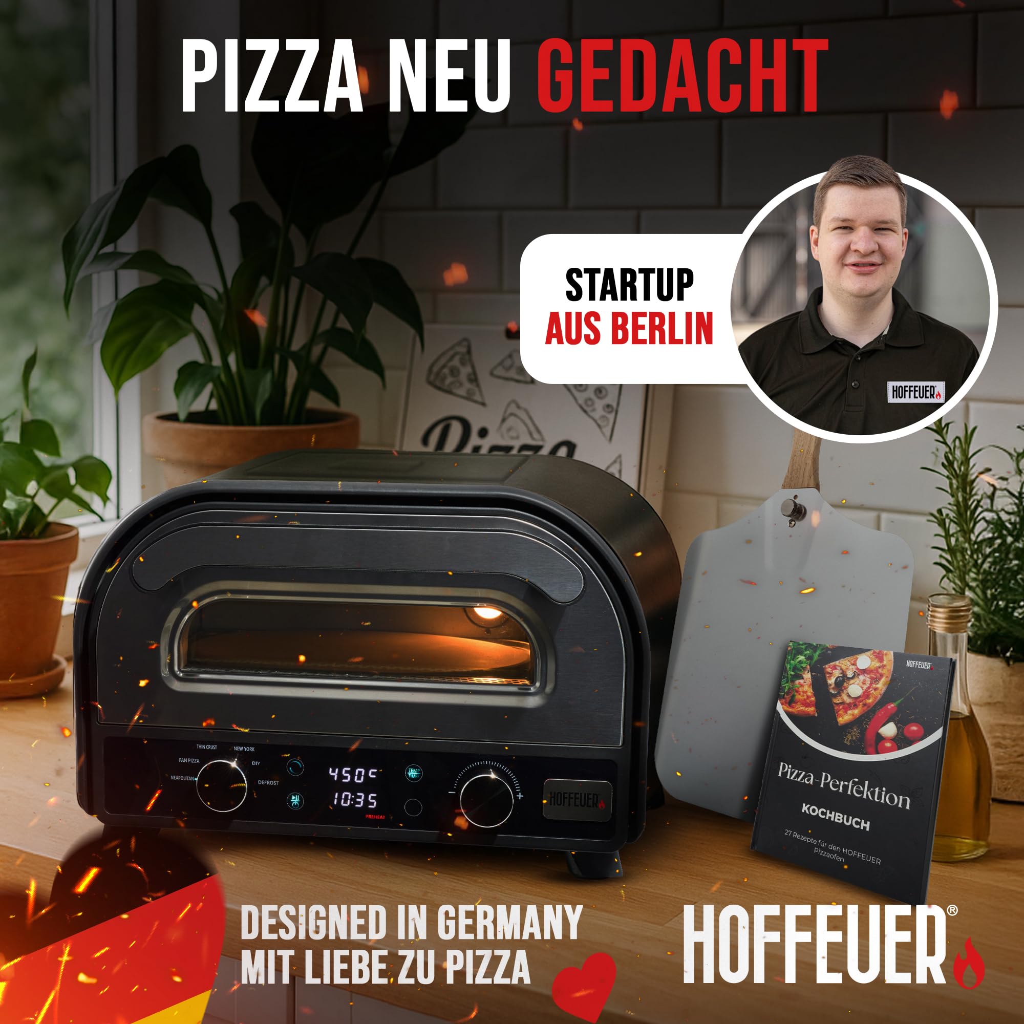 Horno eléctrico para pizza – Horno eléctrico profesional para pizza para el hogar con piedra para pizza, función giratoria y accesorios | Pizza como del horno de piedra, horno para tartas