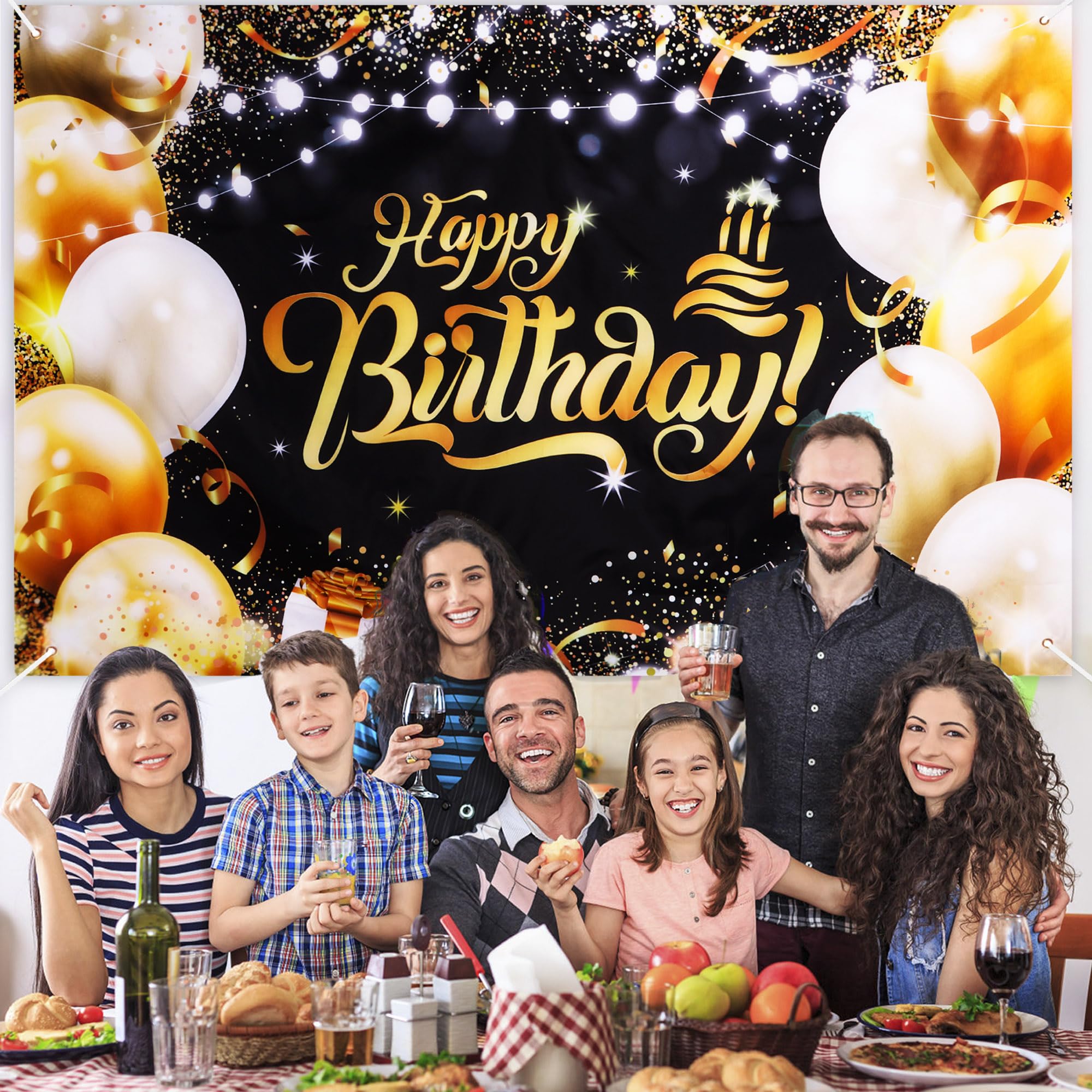 Decorazione Compleanno Oro E Nero - Striscione 110x180 Cm, Sfondo Fotografico, Riutilizzabile - Foto 4